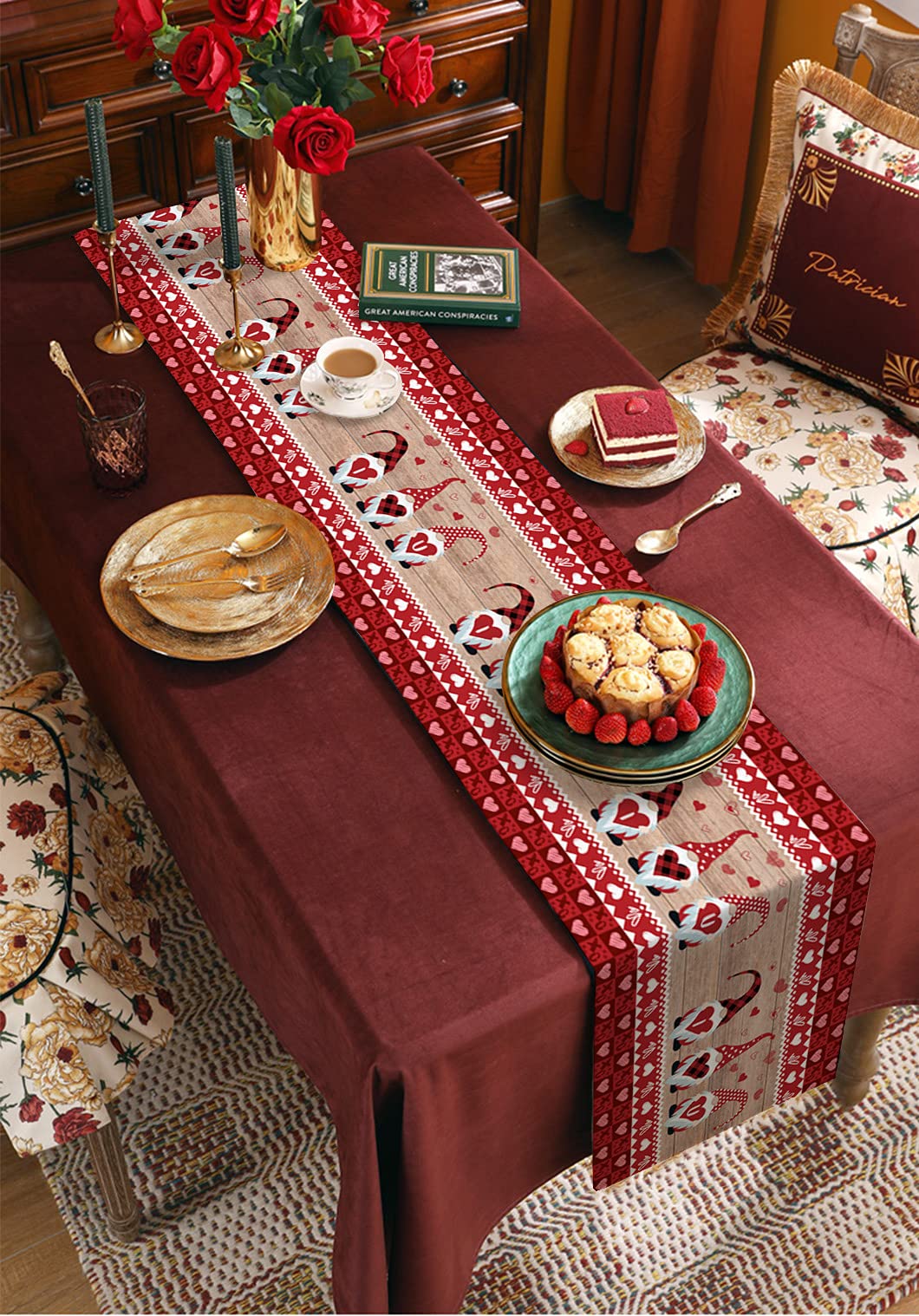 72 Inch Long Rustic Wood Table Runner with Valentine's Day Gnomes & Love Hearts - Perfect for Kitchen, Dining Table, Coffee Table Decor - Ideal for Parties, Home Decor, Holiday Celebrations (13x72 Inches)