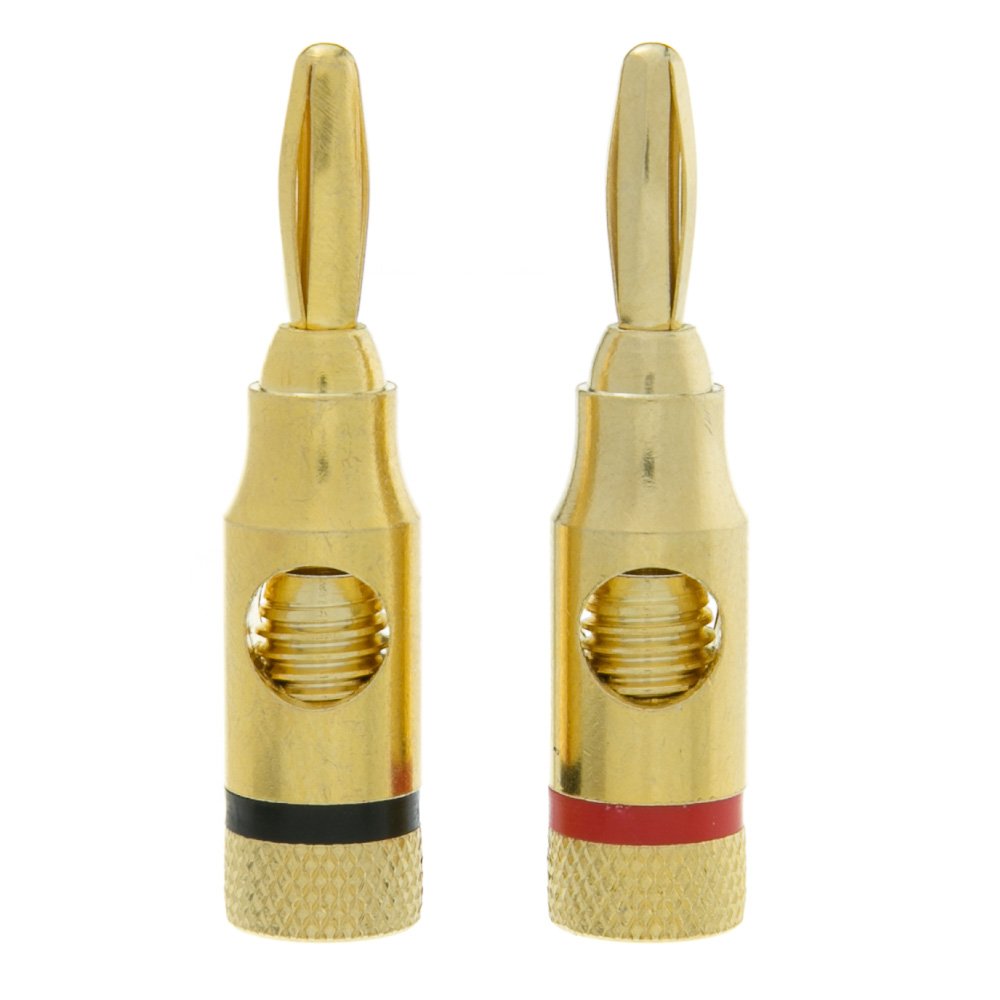 Premium Banana Plugs for Speaker Cables - Gold Plated Brass Connectors (2-Pack, Black & Red) - Perfect for Home Theater, Stereo Systems & Audio Equipment Connections