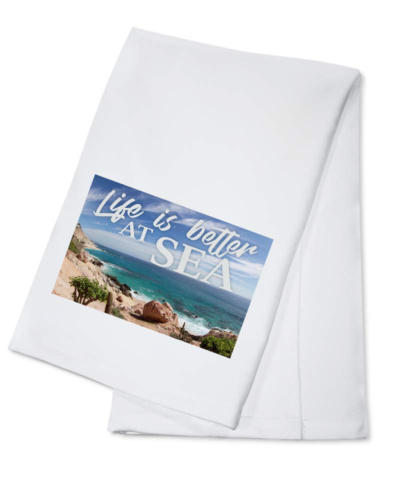 Life is Better at Sea Beach Scene Ocean Cacti Cotton Tea Towel - 100% Cotton Decorative Hand Towel for Kitchen, Bathroom & Home Decor - Perfect for Beach House, Coastal Decor and Gift Giving