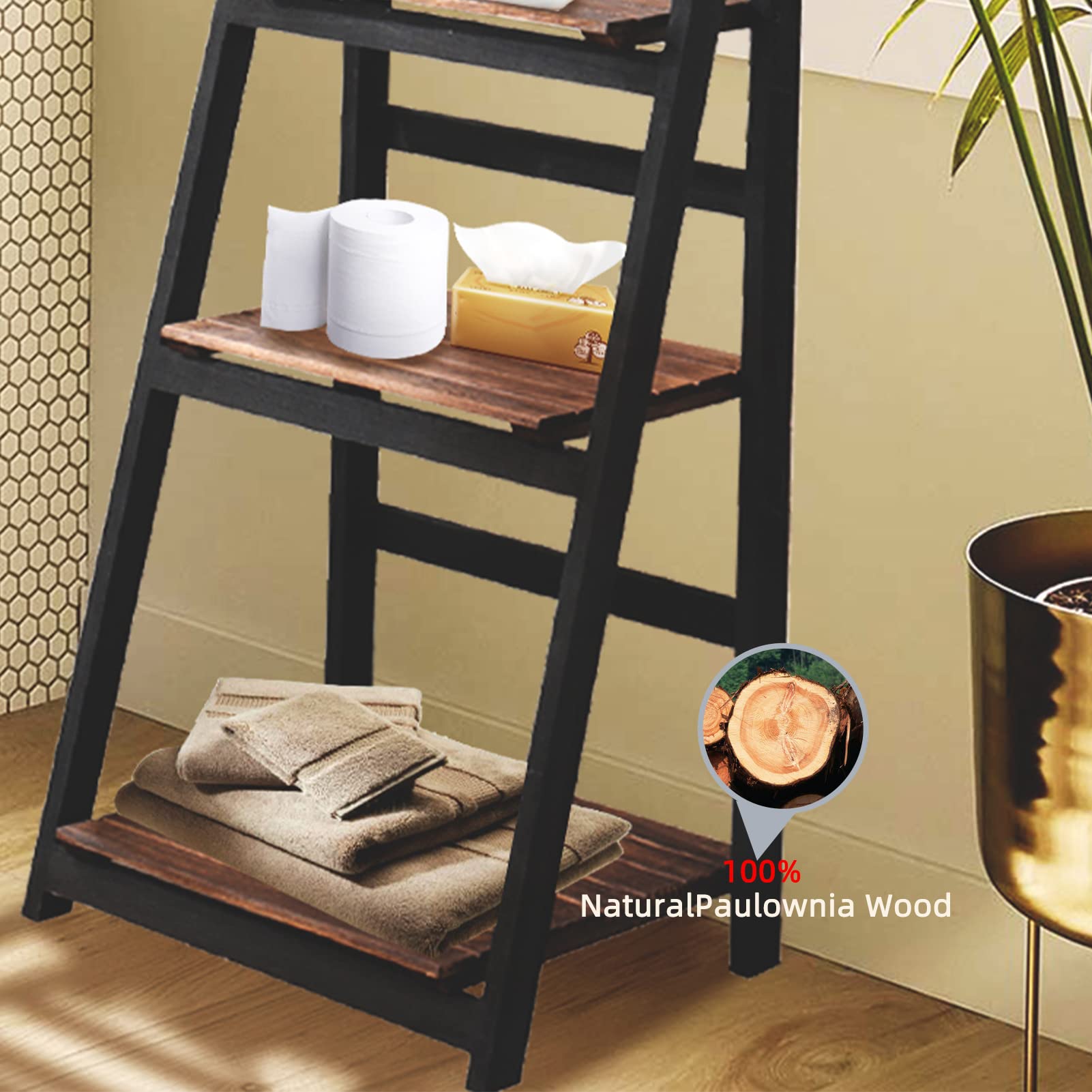 ECOMEX 4-Tier Wooden Ladder Shelf - Foldable Plant Stand with Open Storage, Space-Saving Organizer for Home, Office & Balcony (Black/Brown, No Assembly Required) | Perfect for Displaying Plants, Books & Decorative Items in Small Spaces