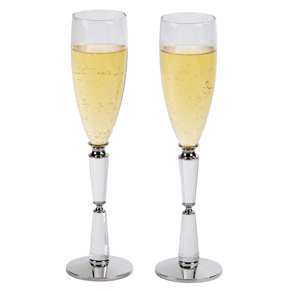 Elegant Wedding Champagne Glass Set of 2 - Bride & Groom Double Facet Crystal Toasting Glasses for Wedding Receptions, Anniversaries & Romantic Celebrations