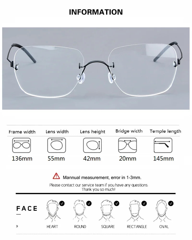 Aimee Women's Rimless Square Screwless Titanium Eyeglasses Frame 92487 - Lightweight Comfortable Glasses for Work, Reading & Everyday Use