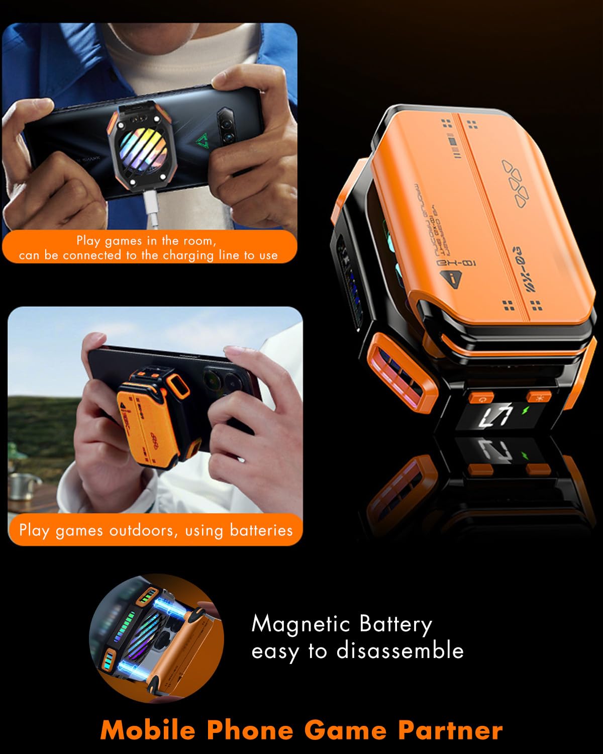 Rechargeable Magnetic Phone Cooler with RGB LED & Temperature Display - Semiconductor Cooling Fan for Mobile Gaming, TikTok Live Streaming, and Extended Phone Use (Orange)