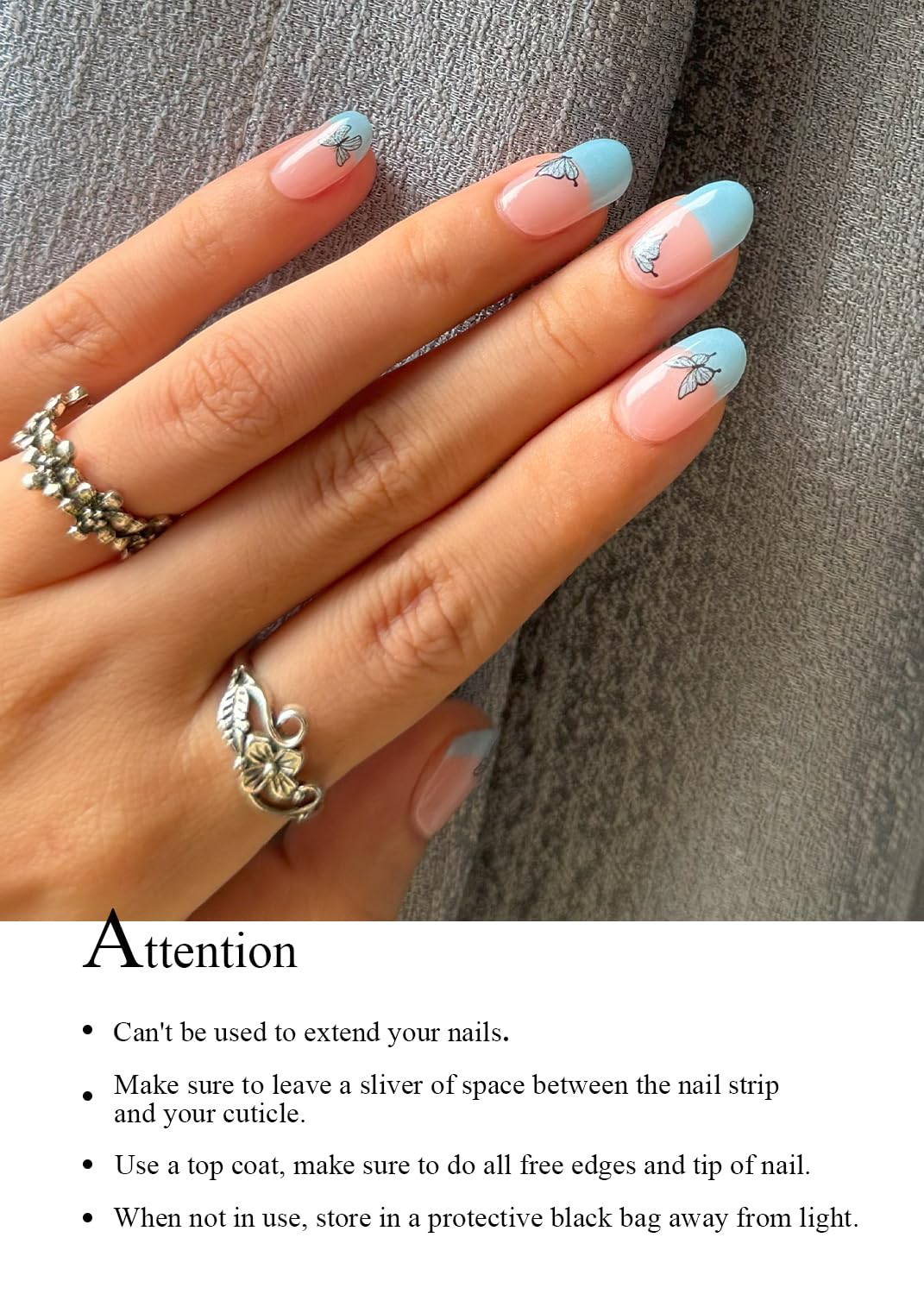Semi Cured Gel Nail Strips - Butterfly Blue French Design (20 Pcs) | Salon Quality UV Gel Nail Wraps & Stickers | Long Lasting Manicure | Perfect for Home Nail Art, Parties & Special Occasions