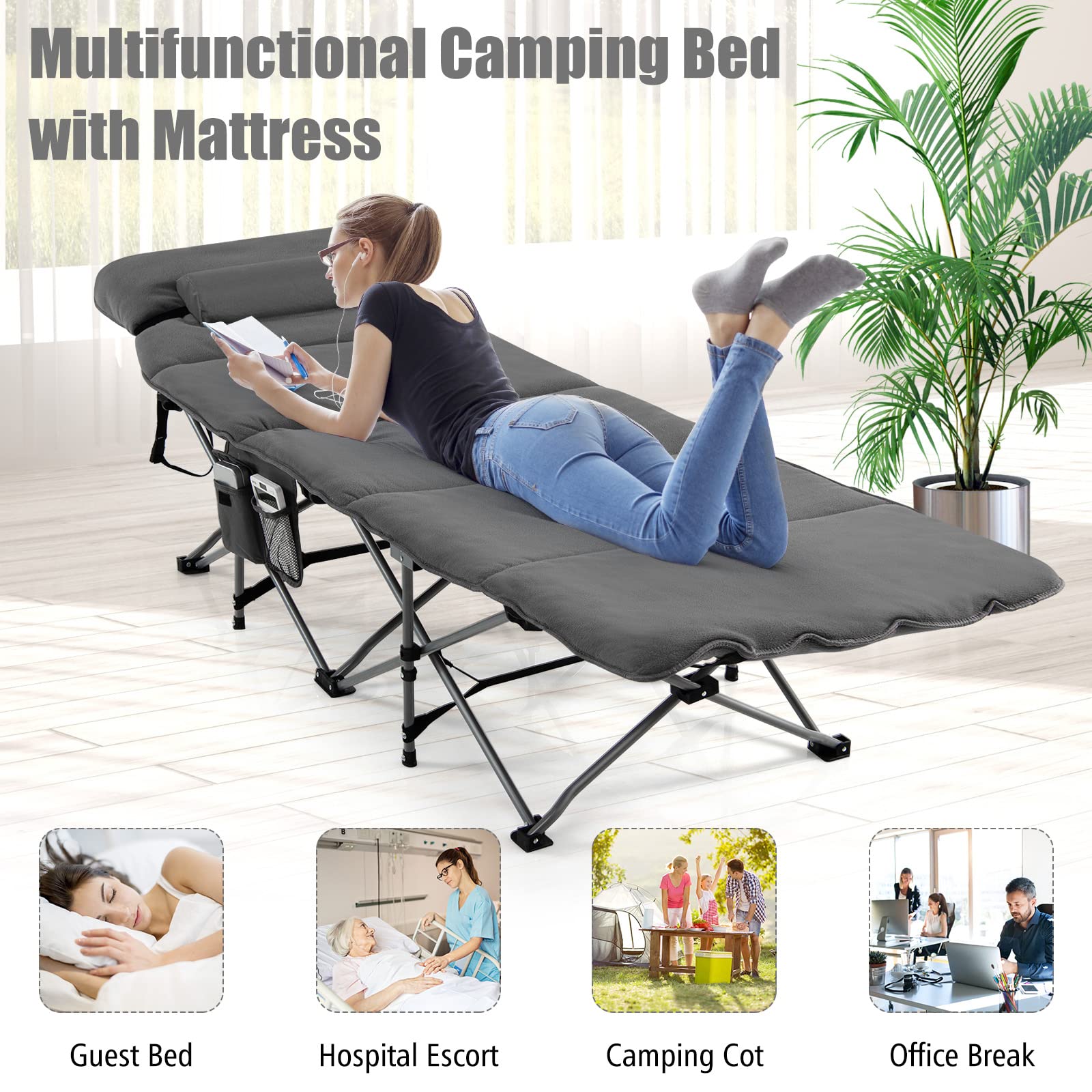 Goplus Heavy-Duty Folding Camping Cot with Mattress & Pillow - Portable Military Sleeping Cot for Adults & Kids, Includes Carry Bag & Storage Pocket - Perfect for Camping, Hiking, Home Office Nap & Outdoor Adventures (Grey)