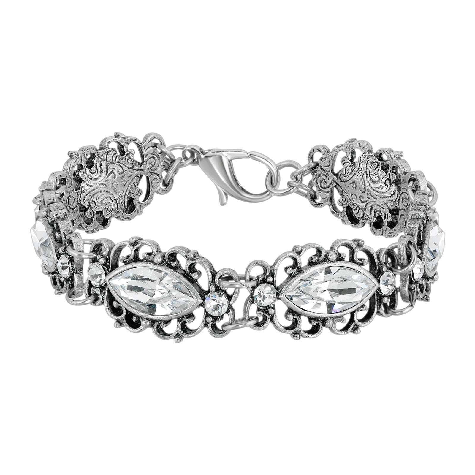 1928 Jewelry Navette Austrian Crystal Filigree Link Bracelet - Vintage Style Crystal Bracelet for Women - Perfect for Weddings, Parties & Special Occasions