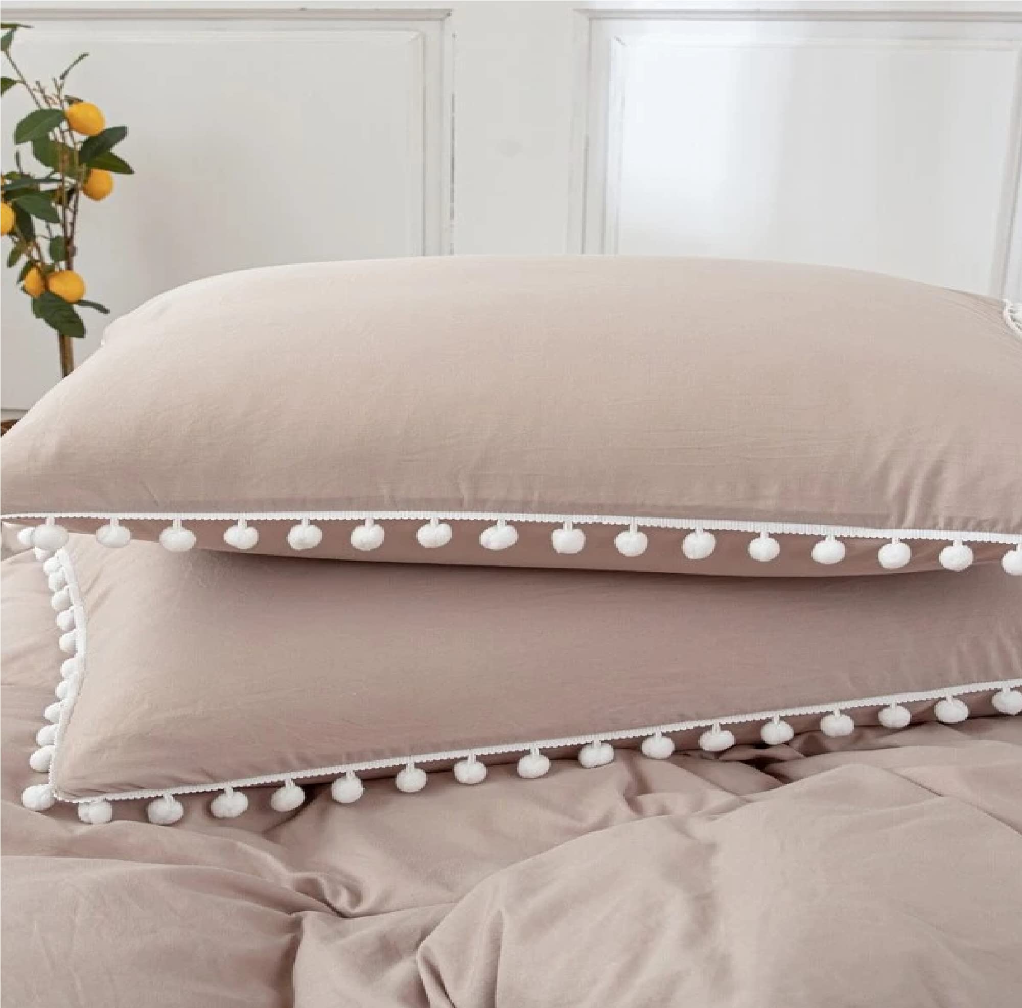 Beige Stone Washed Cotton Duvet Cover Set with White Pom Pom Trim - Queen/King/Twin/California King Size - Soft & Cozy Bedding for Master Bedroom, Guest Room, or Dorm