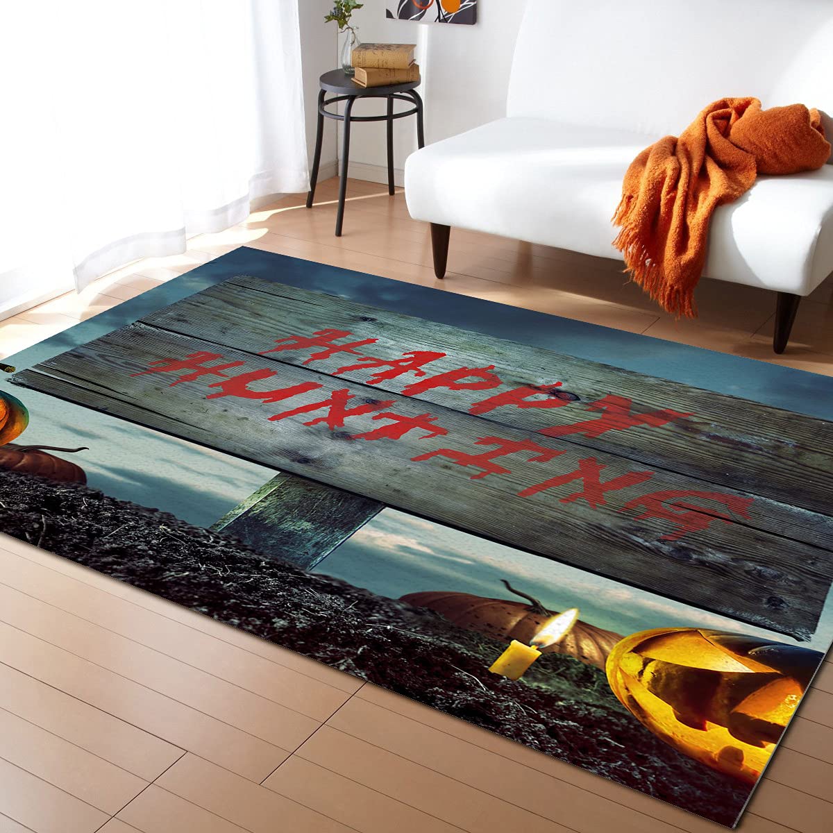 Halloween Happy Hunting Wood Sign Terror Pumpkin Lantern Candle Non-Slip Area Rug - 5'x8' Indoor Halloween Decor Rug for Living Room, Bedroom, Kids Room & Nursery - Perfect for Halloween Party Decorations & Spooky Home Decor