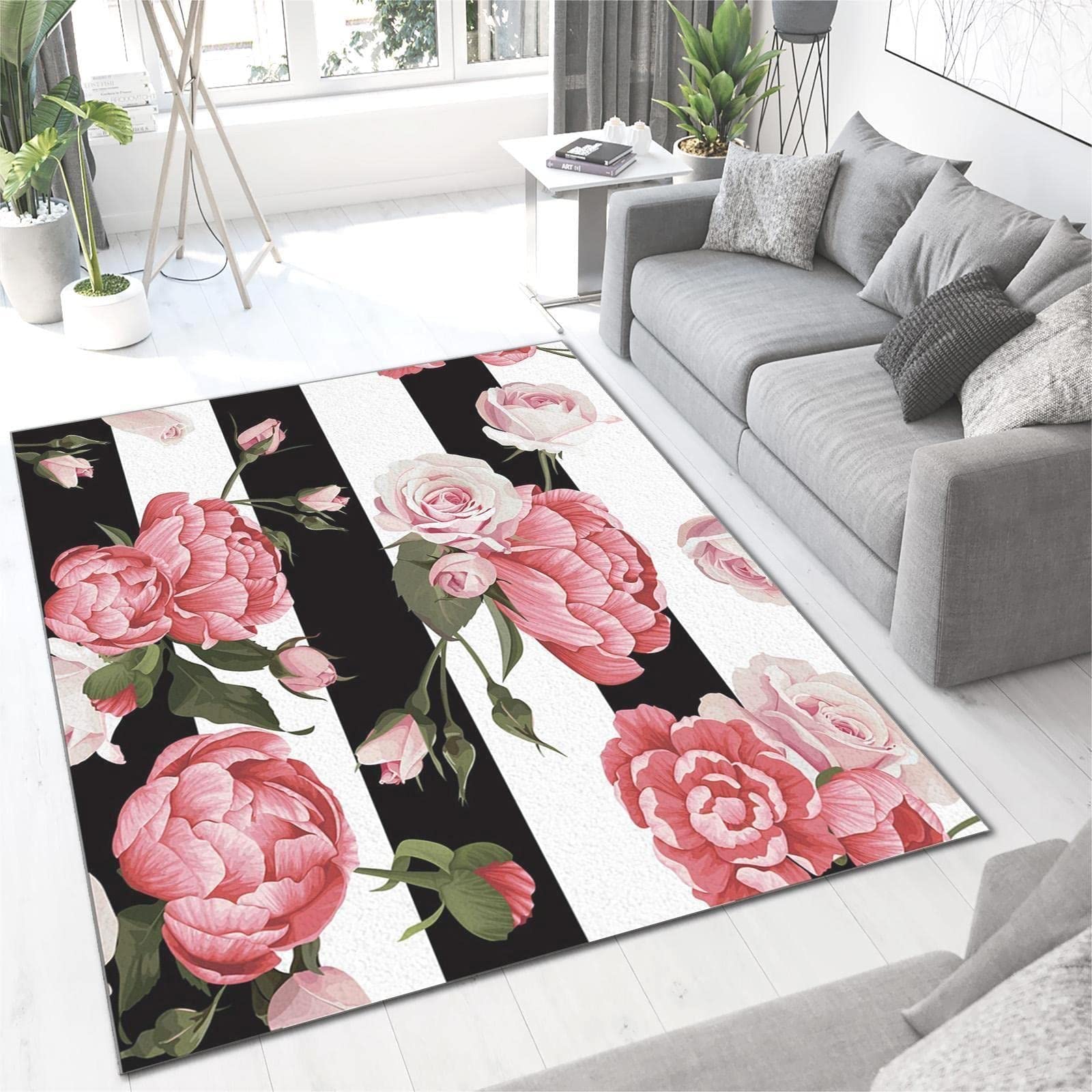 Black and White Striped Red Peony Area Rug - Soft Washable Floral Carpet for Living Room, Bedroom & Home Decor (5x7 ft) | Perfect for Sofa Accent, Floor Mats & Cozy Interior Design