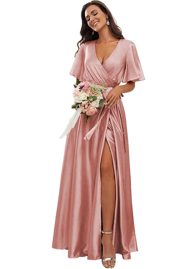 COEYOUES Women's Short Sleeve Bridesmaid Dress with Slit - A-Line V-Neck Satin Wedding Guest Dress Long Elegant Formal Gown for Bridal Party, Evening Events & Special Occasions