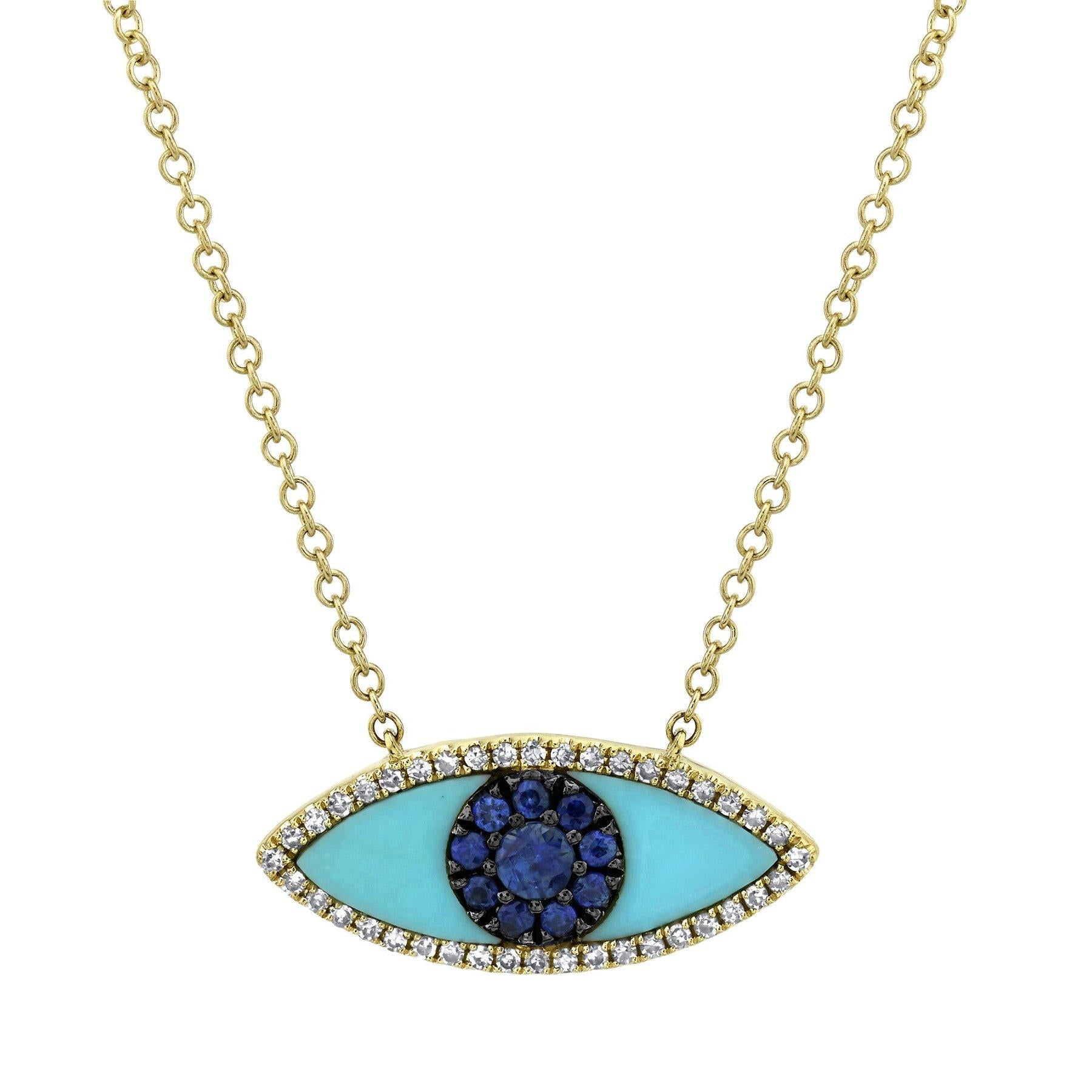 14K Gold 0.74 CTW Blue Sapphire Diamond & Composite Turquoise Evil Eye Necklace - Protection Jewelry for Women, Gift for Her, Boho Chic Style Accessory