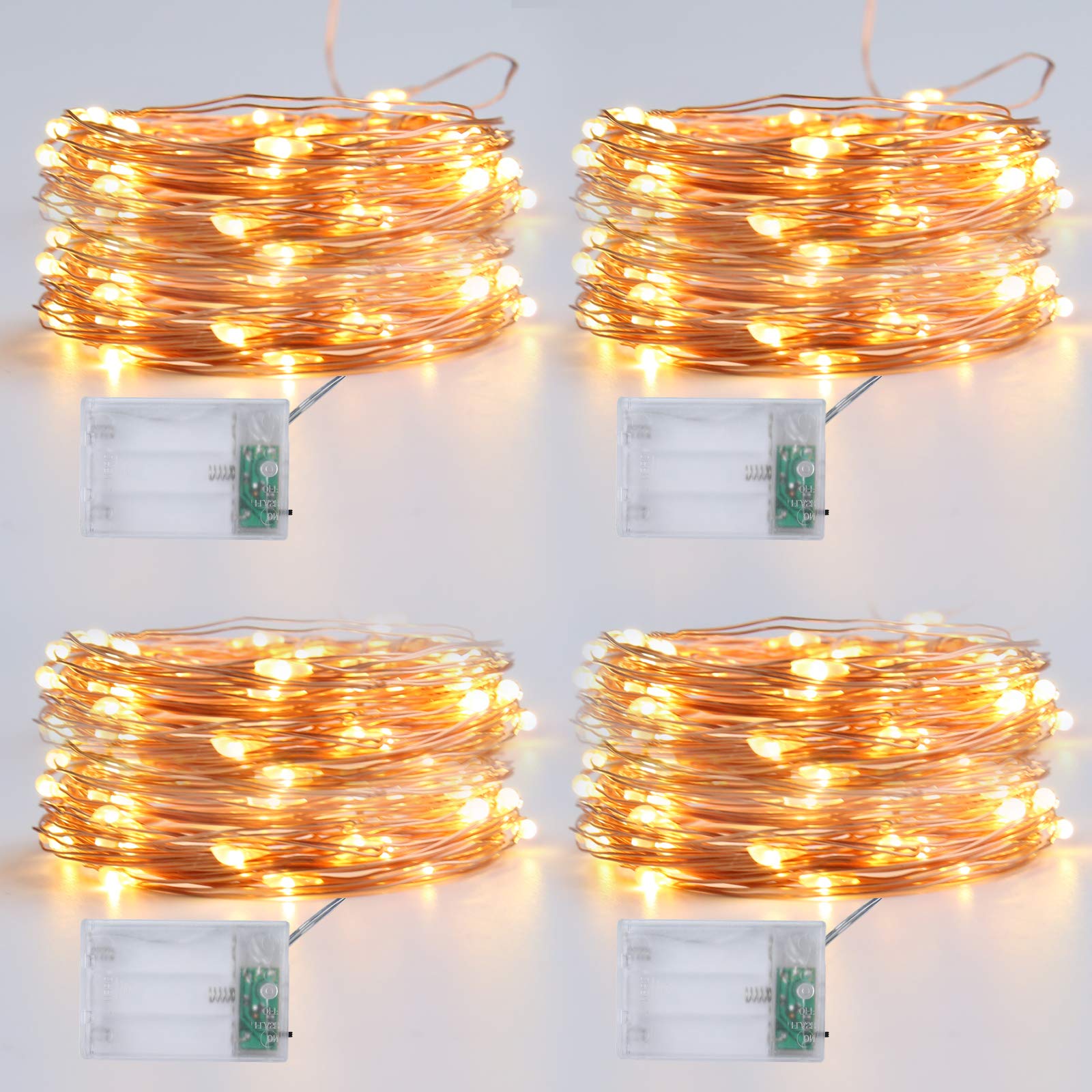 Super Bright 50 LED Fairy Lights - 16ft Battery Operated Outdoor Christmas String Lights (4 Pack) | Warm White Twinkle Lights for Holiday Decor, Garden, Patio & Wedding Decorations