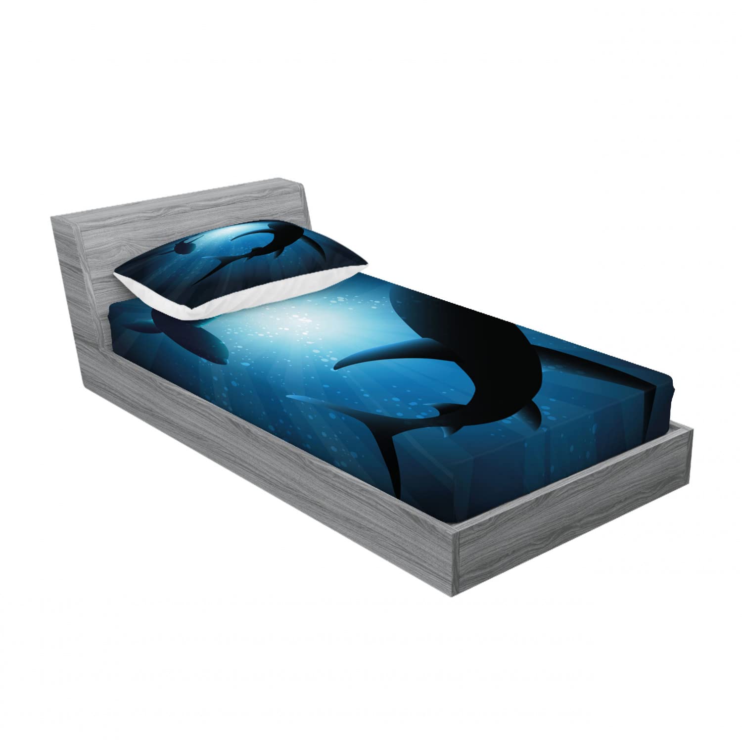 Ambesonne Shark 2-Pack Twin Fitted Sheets & Pillow Sham Set - Underwater Fish Silhouette Design, Dark Blue 4-Piece Bedding Set (2 Fitted Sheets & 2 Pillow Covers) | Perfect for Kids' Rooms, Ocean-Themed Decor & Shark Lovers