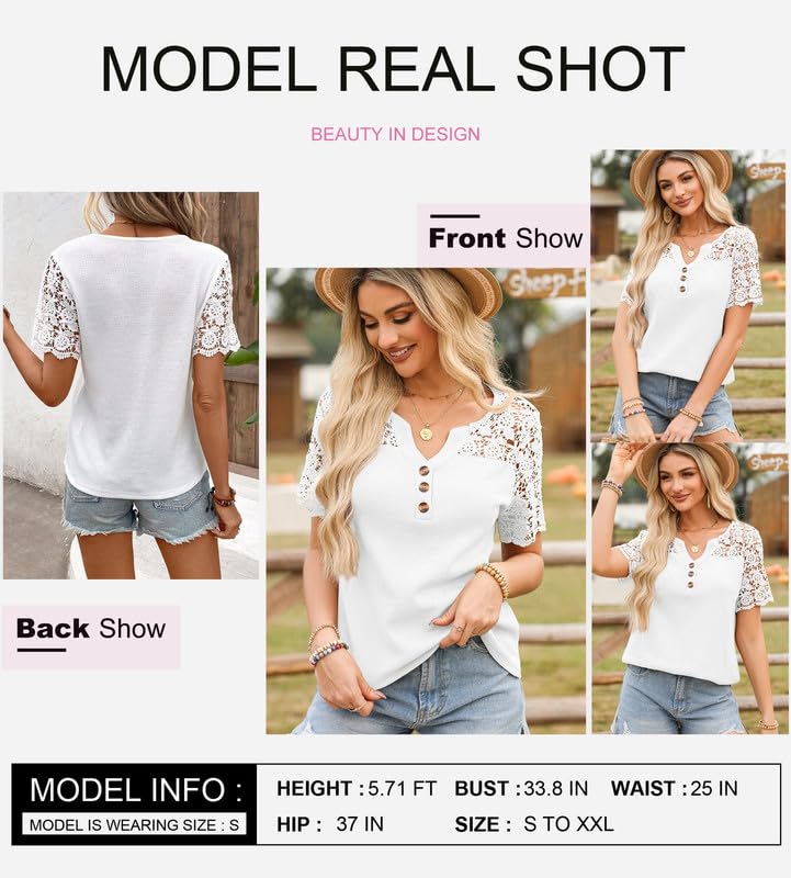 Dokotoo Women's V Neck Waffle Knit Tops Casual Short Sleeve Blouse Button Up Lace Splicing Summer Shirt - Perfect for Beach Outings, Date Nights & Office Wear