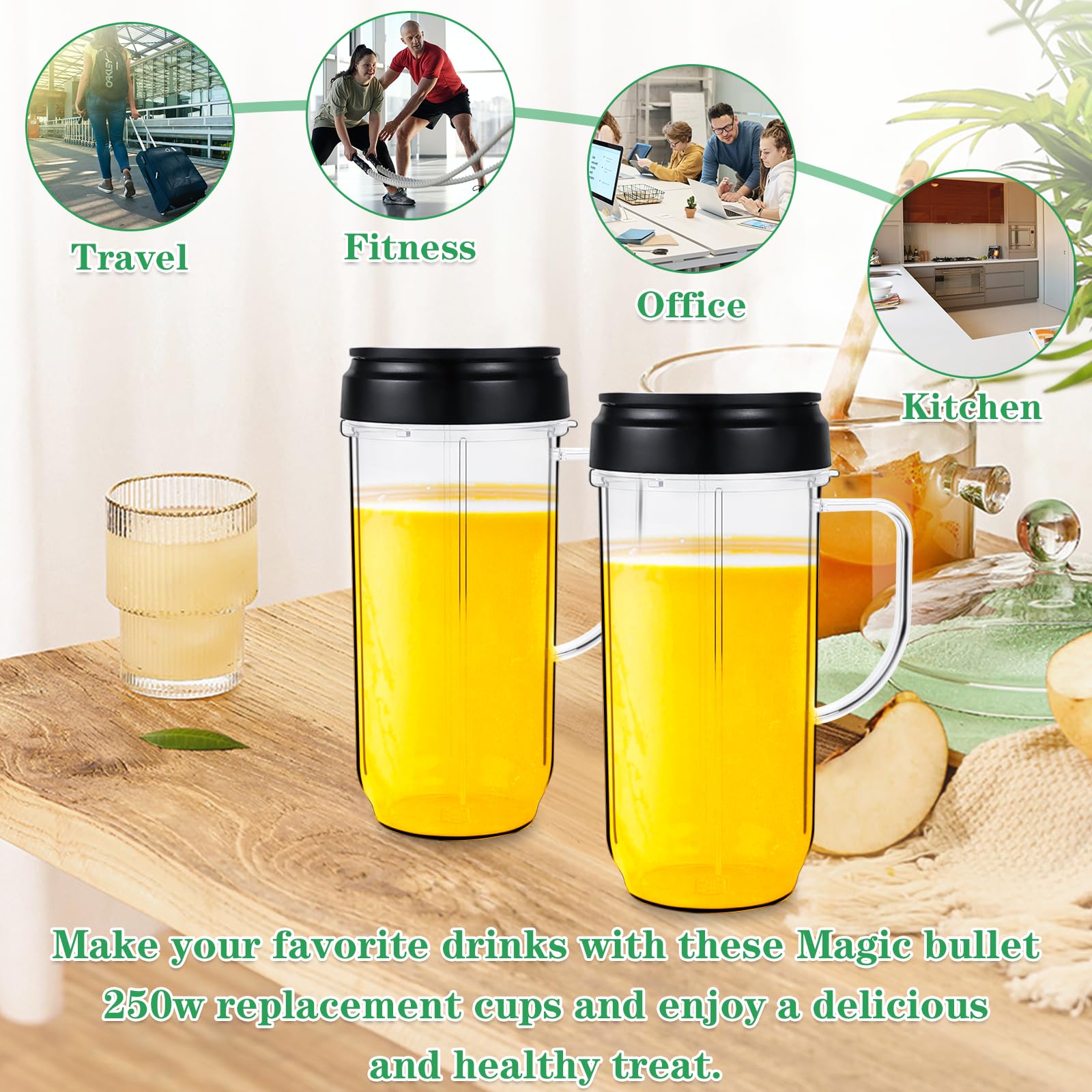22oz Magic Bullet Blender Replacement Cups (2-Pack) - BPA-Free Food Grade Plastic with Flip-Top Lid & Handle - Compatible with Magic Bullet 250W MB1001 - Perfect for Smoothies, Protein Shakes & Meal Prep On-The-Go