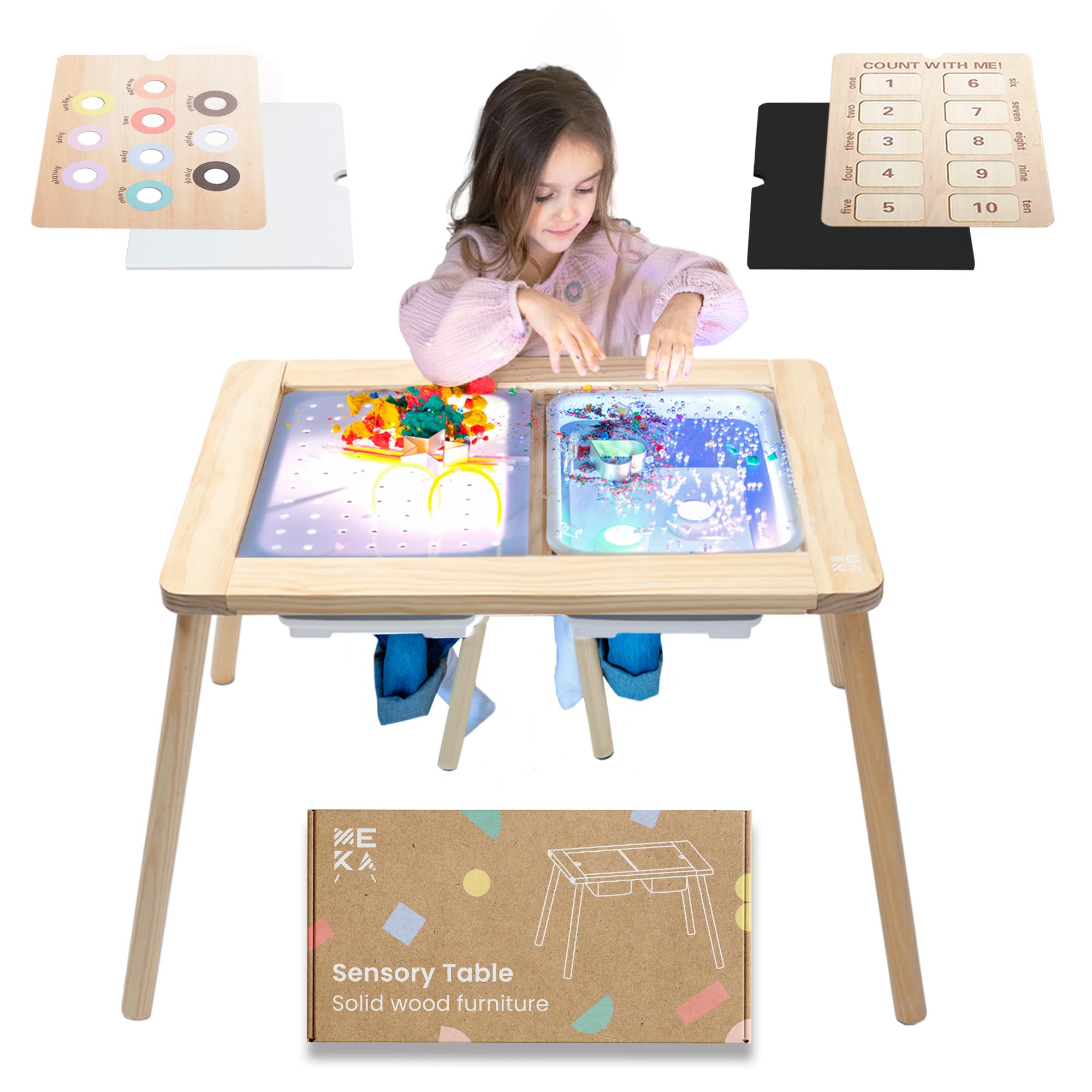 MEKA 6-in-1 Sensory Light Table for Toddlers Age 3-5 - Wooden Kids Activity Table with 2 Sensory Bins & 6 Play Panels - Multi-Use Educational Toy for Preschool Learning, Sensory Play & Creative Development - Perfect for Daycare Centers, Homeschooling & Indoor Playrooms