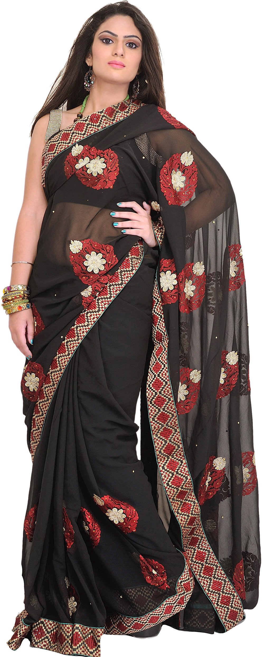 Jet-Black Embroidered Wedding Sari with Crystals - Perfect for Bridal & Special Occasions