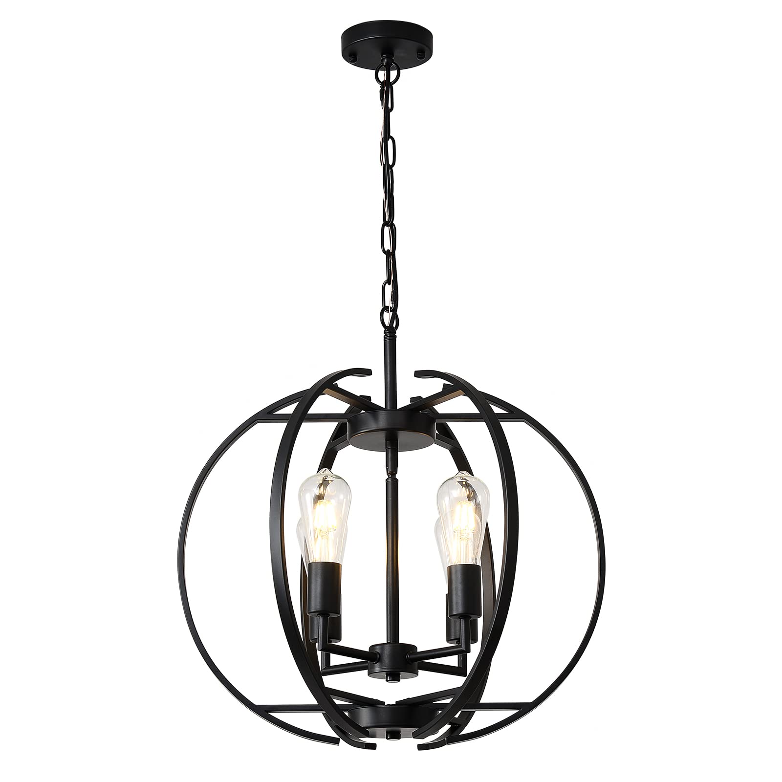 Large Black Farmhouse Chandelier - Adjustable 4-Light Pendant Lighting Fixture for Kitchen, Dining Room, Living Room & Hallway | Rustic Globe Lantern Ceiling Light for Home Decor & Cozy Ambiance