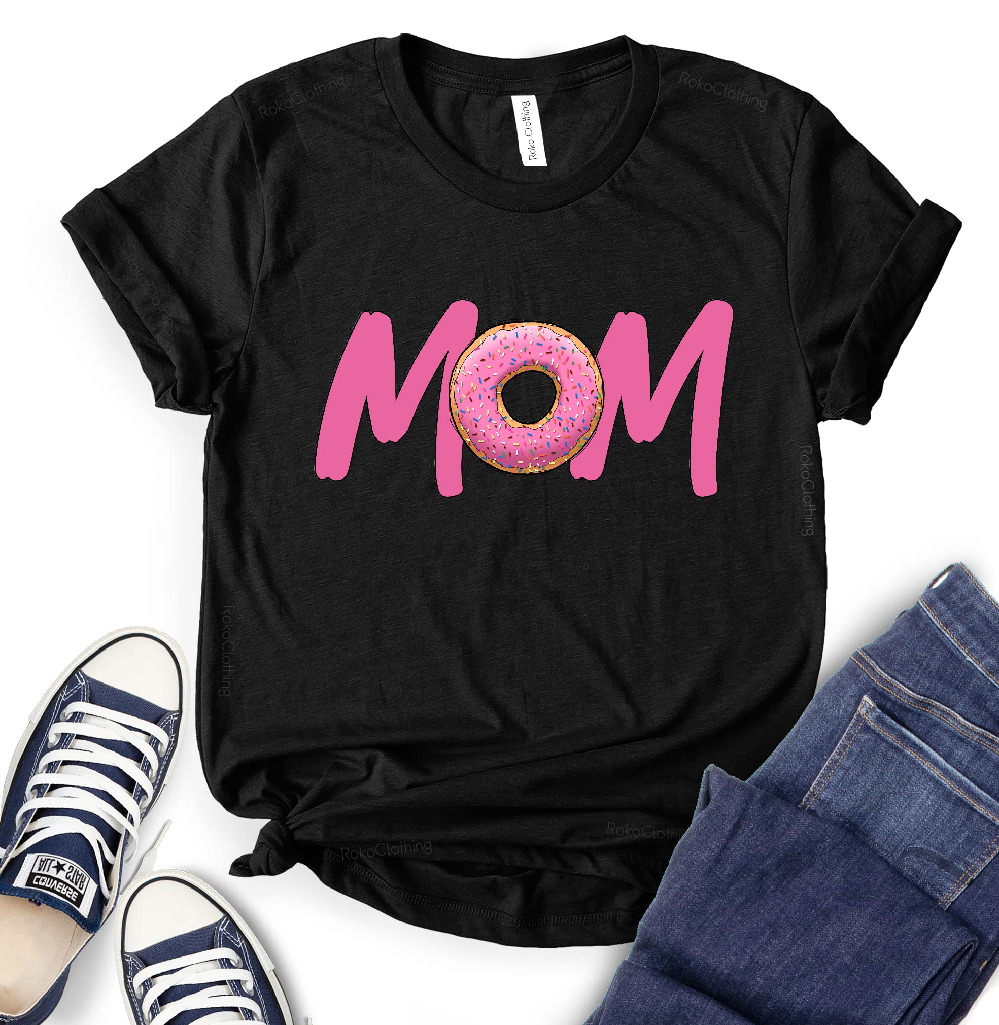 ROKO CLOTHING Donut Mom T-Shirt - Short Sleeve Birthday Girl Letter Print Top for Women & Men | Cute Casual Wear for Birthday Parties & Family Celebrations