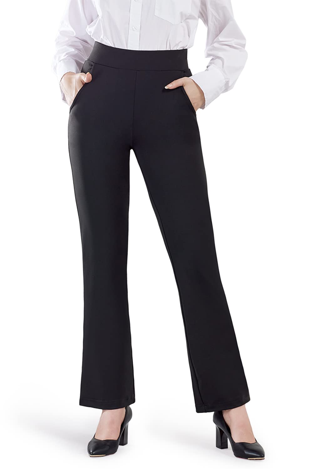 Bamans Women's Bootcut Yoga Dress Pants - Stretchy Pull-On Work Pants with Pockets for Office, Travel & Casual Wear