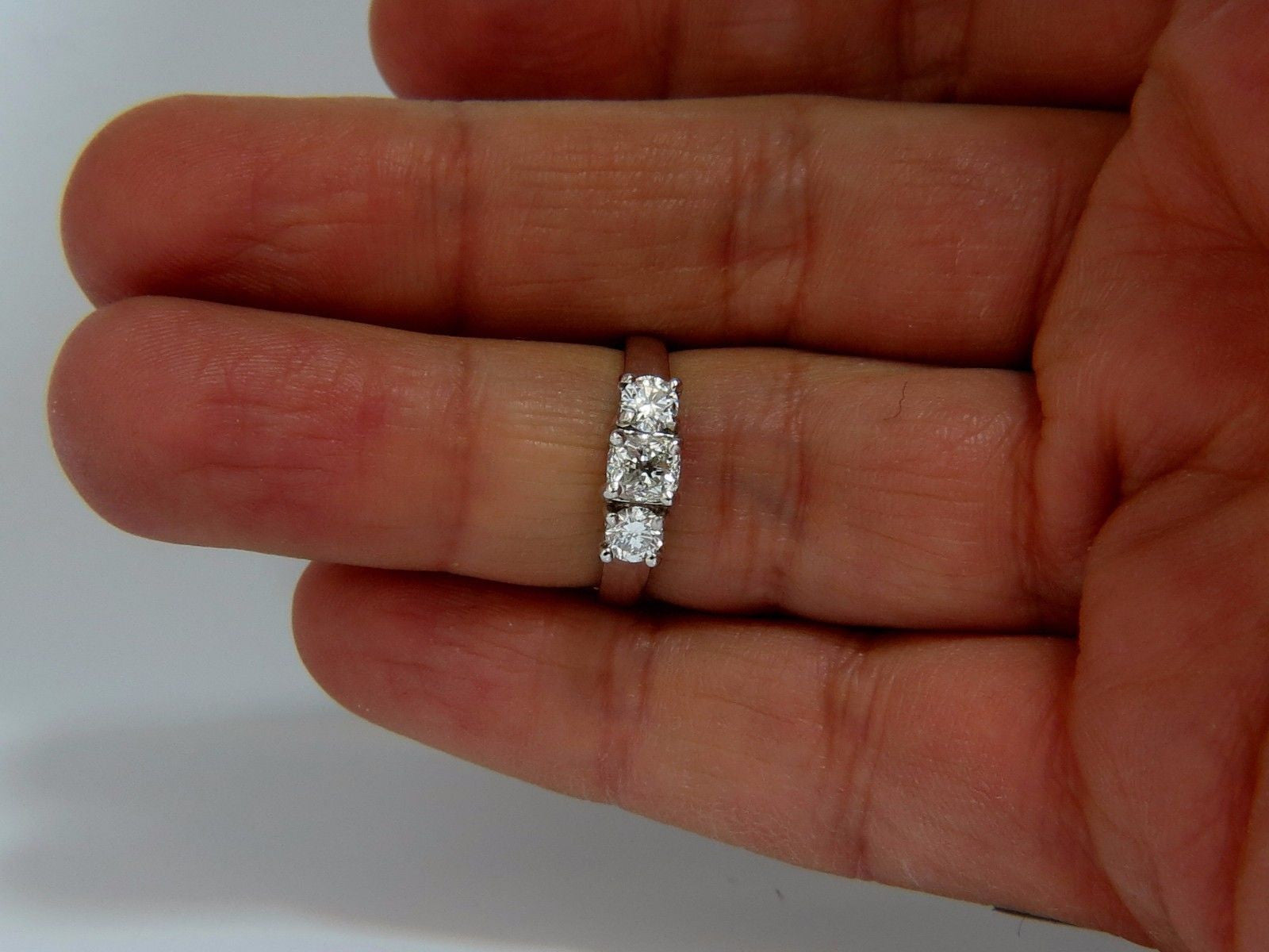 1.08CT Classic Three Natural Cushion & Round Diamond Ring in 14KT White Gold - Elegant Engagement, Wedding, or Anniversary Jewelry Gift for Women