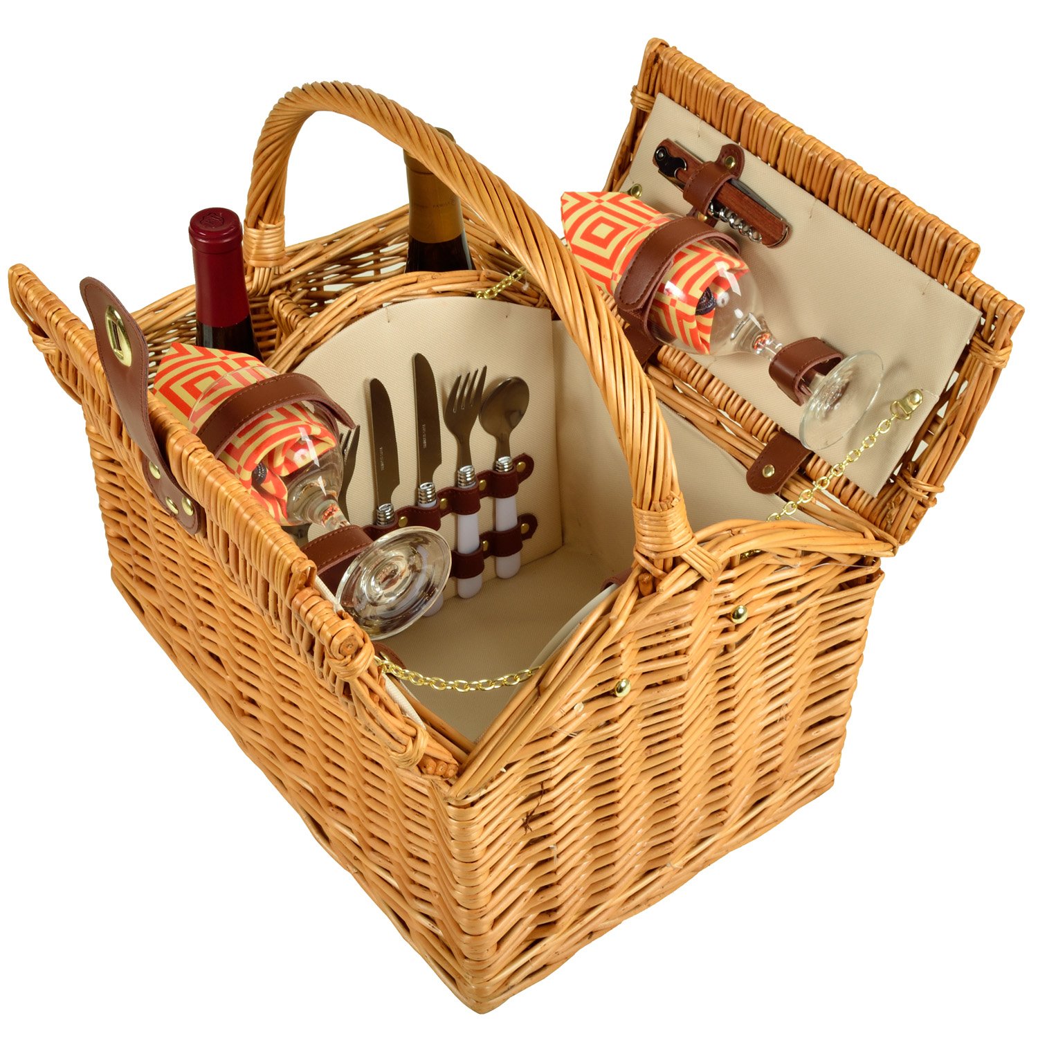 Picnic at Ascot Vineyard Willow Picnic Basket - Natural/Diamond Orange - Perfect for Outdoor Picnics, Wine Tasting & Romantic Getaways