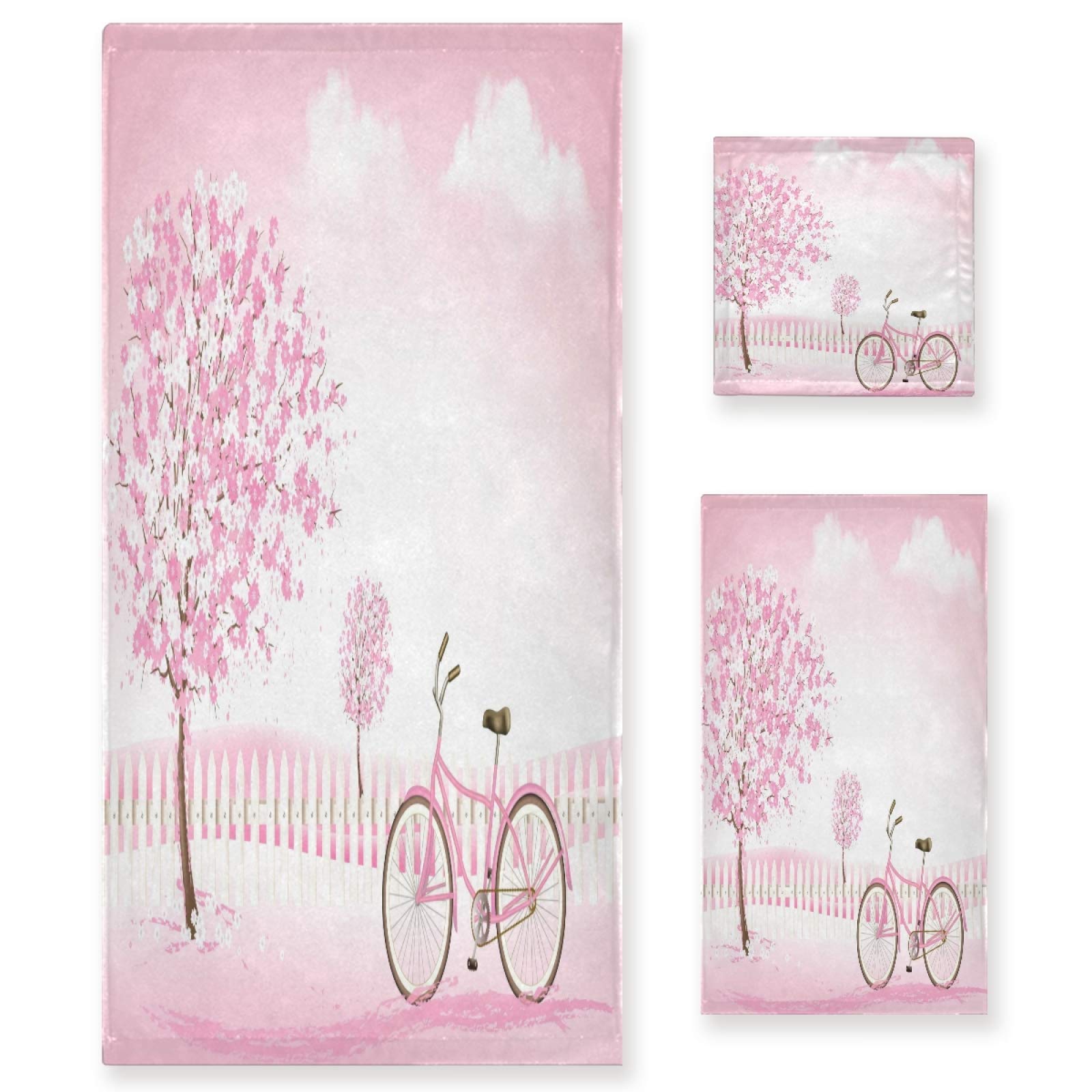 Premium 3-Piece Bath Towel Set - Soft & Absorbent Bath Towel, Hand Towel & Washcloth for Home, Kitchen, Hotel, Gym | Spring Blossoming Tree & Bike Design | Perfect for Bathroom, Spa, Swimming & Travel