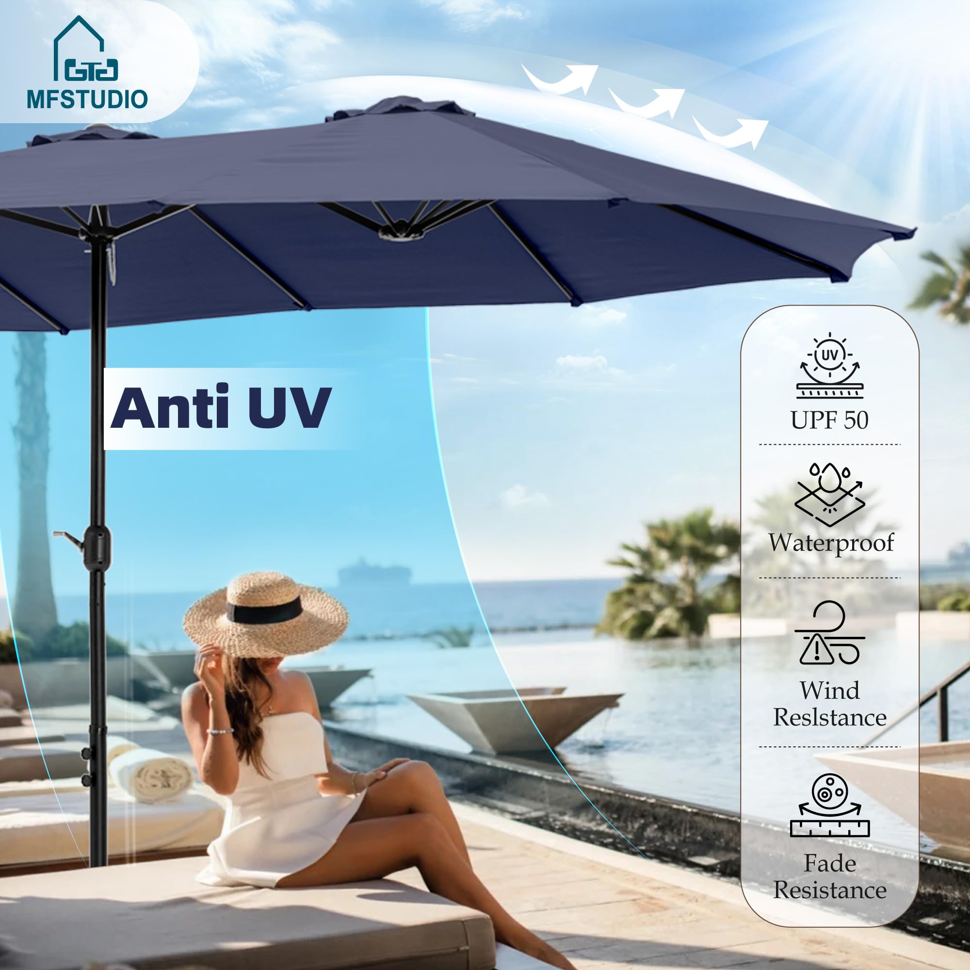 MFSTUDIO 15ft Double Sided Rectangular Patio Umbrella with Heavy Duty Base - Outdoor Market Umbrella with Easy Crank Handle for Deck, Pool, Garden, Restaurant & Backyard Shade - Perfect for Sun Protection and Outdoor Relaxation