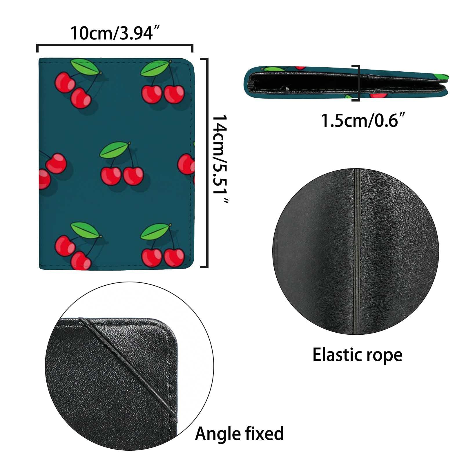 RFID Blocking PU Leather Passport Holder - Cute Cartoon Cherry Dark Green Travel Wallet with 3 Pockets for Men, Women & Kids | Slim Card Case Cover for Airplane, Cruise & International Travel