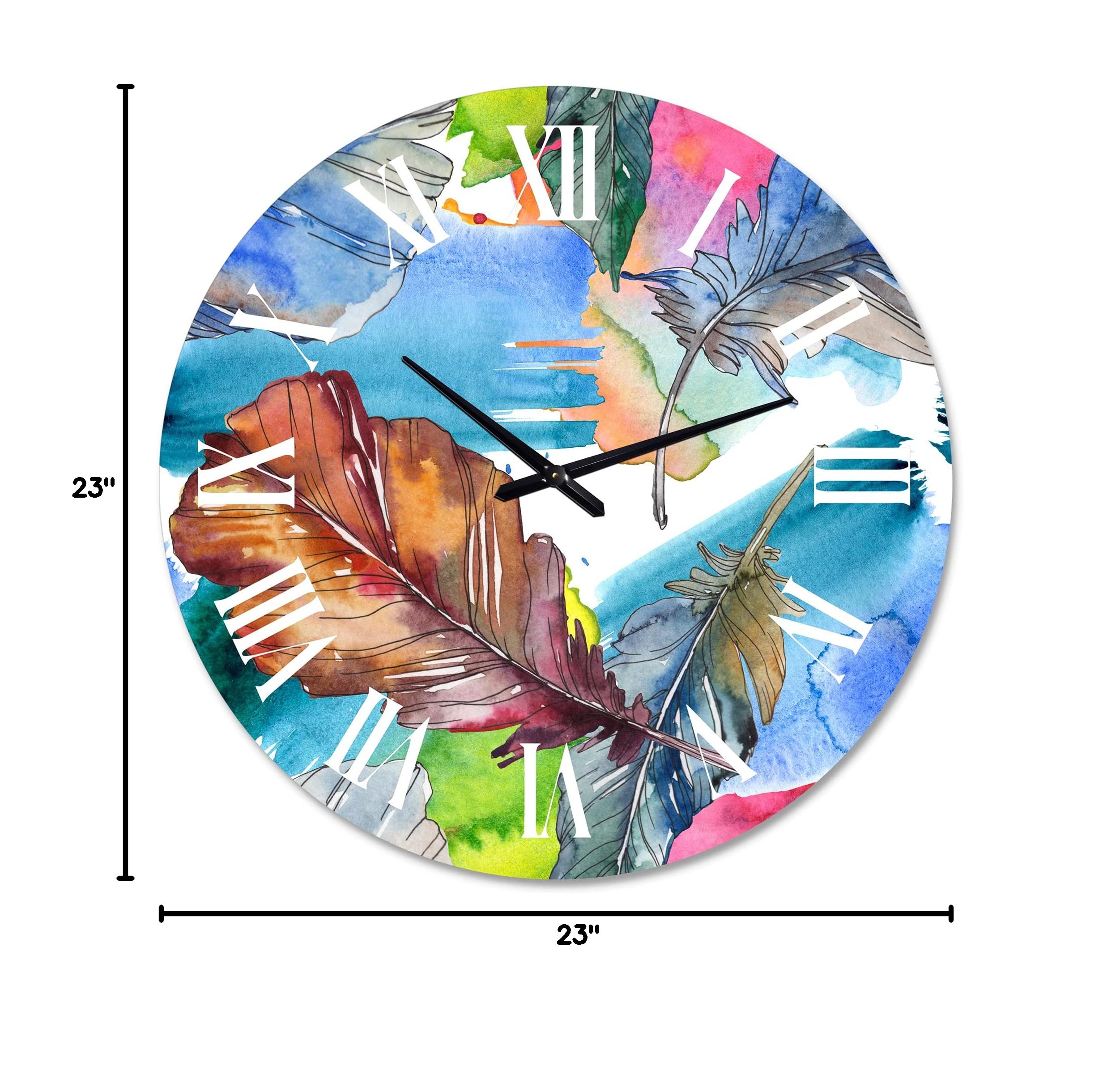 DesignQ Traditional Large Wall Clock - Blue & Pink Bird Feather Animal Theme for Living Room, Bedroom, Office Decor | Silent Non-Ticking Modern Home Wall Art