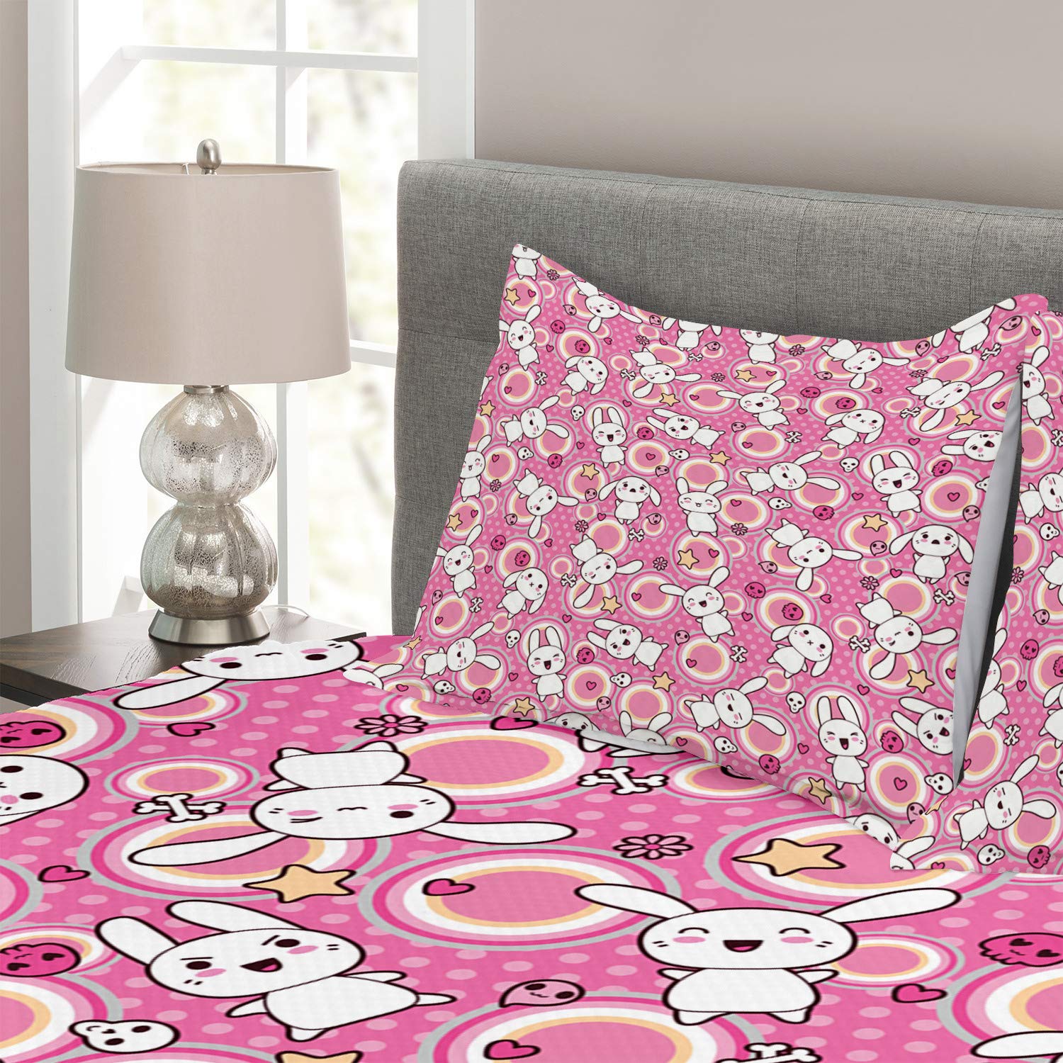 Ambesonne Anime Bedding Set - Kawaii Rabbit & Bunny Humor Print 3-Piece Comforter with 2 Pillow Shams, King Size White & Pink - Perfect for Anime Fans' Bedroom Decor & Kawaii Themed Rooms