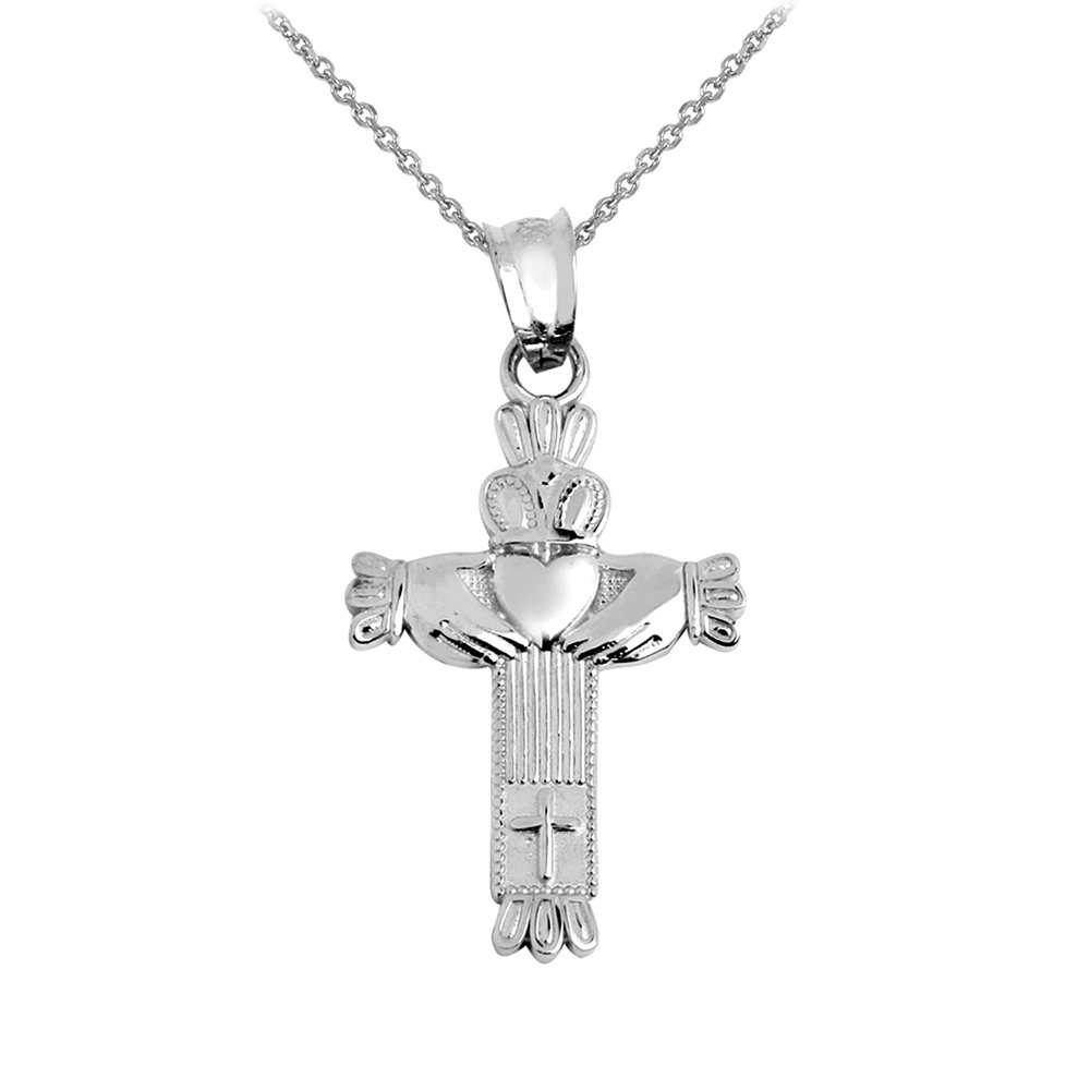 10k White Gold Claddagh Cross Pendant Necklace for Gifts & Weddings