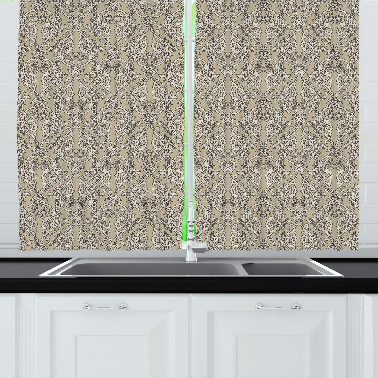 Ambesonne Ivory Spanish Long Kitchen Curtains - Floral Damask Print with Interlocked Branches Design, 55