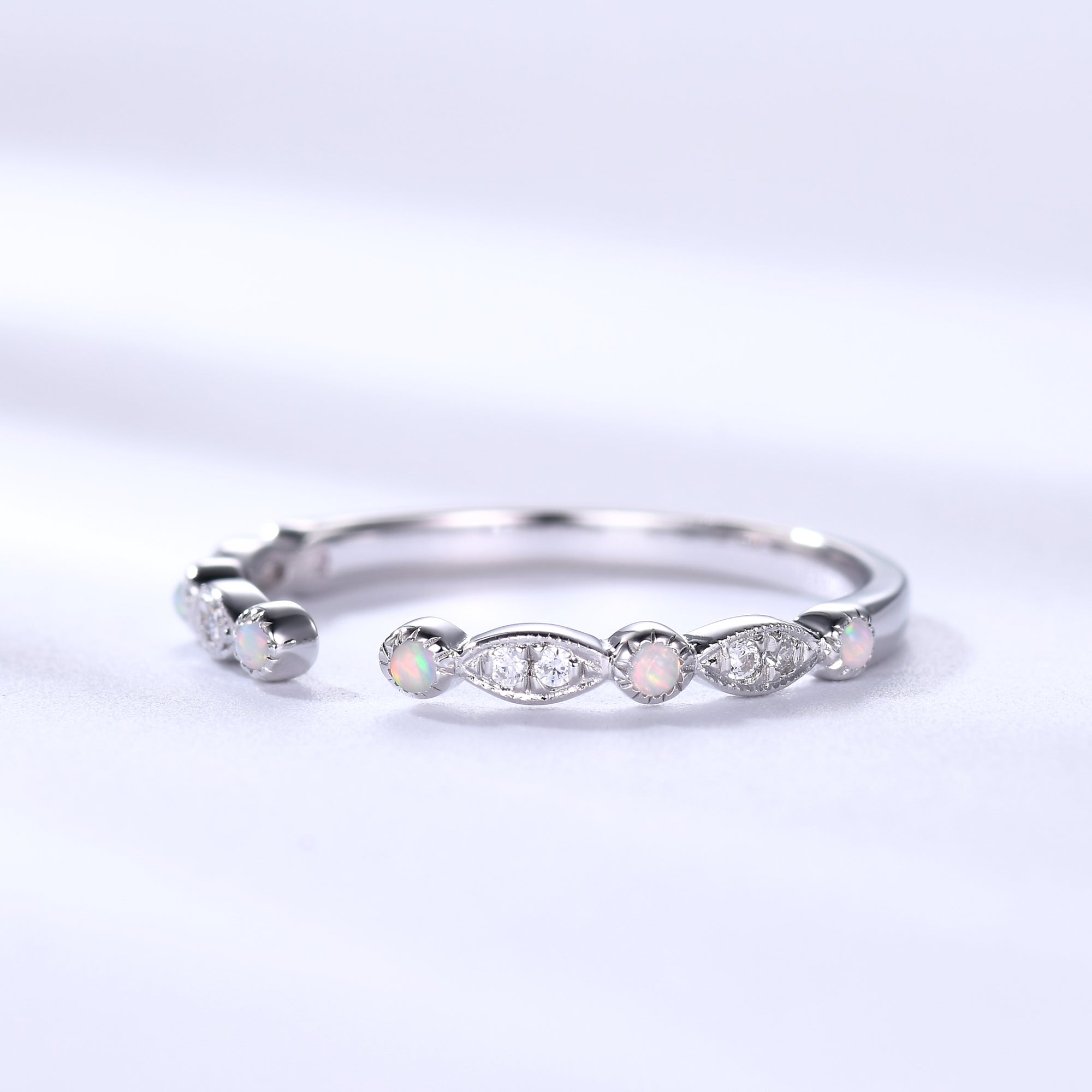 Art Deco Opal Diamond Wedding Band - 14K & 18K White Gold Unique Open Cuff Bridal Ring for Women - Perfect for Engagement, Anniversary & Special Occasion Gifts