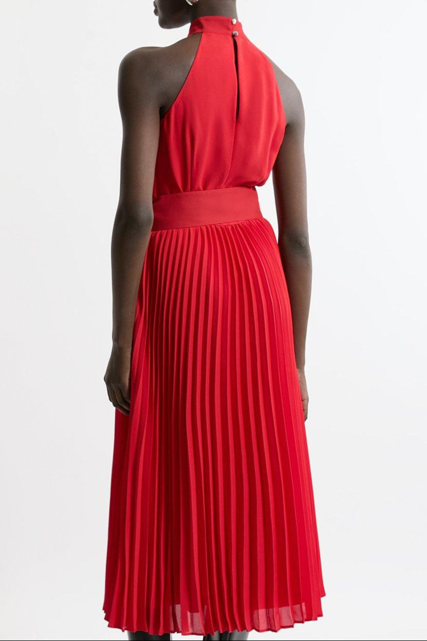 Elegant Georgette Belted Pleat Halter Woven Midi Dress for Women | Summer Beach Party & Cocktail Evening Wear