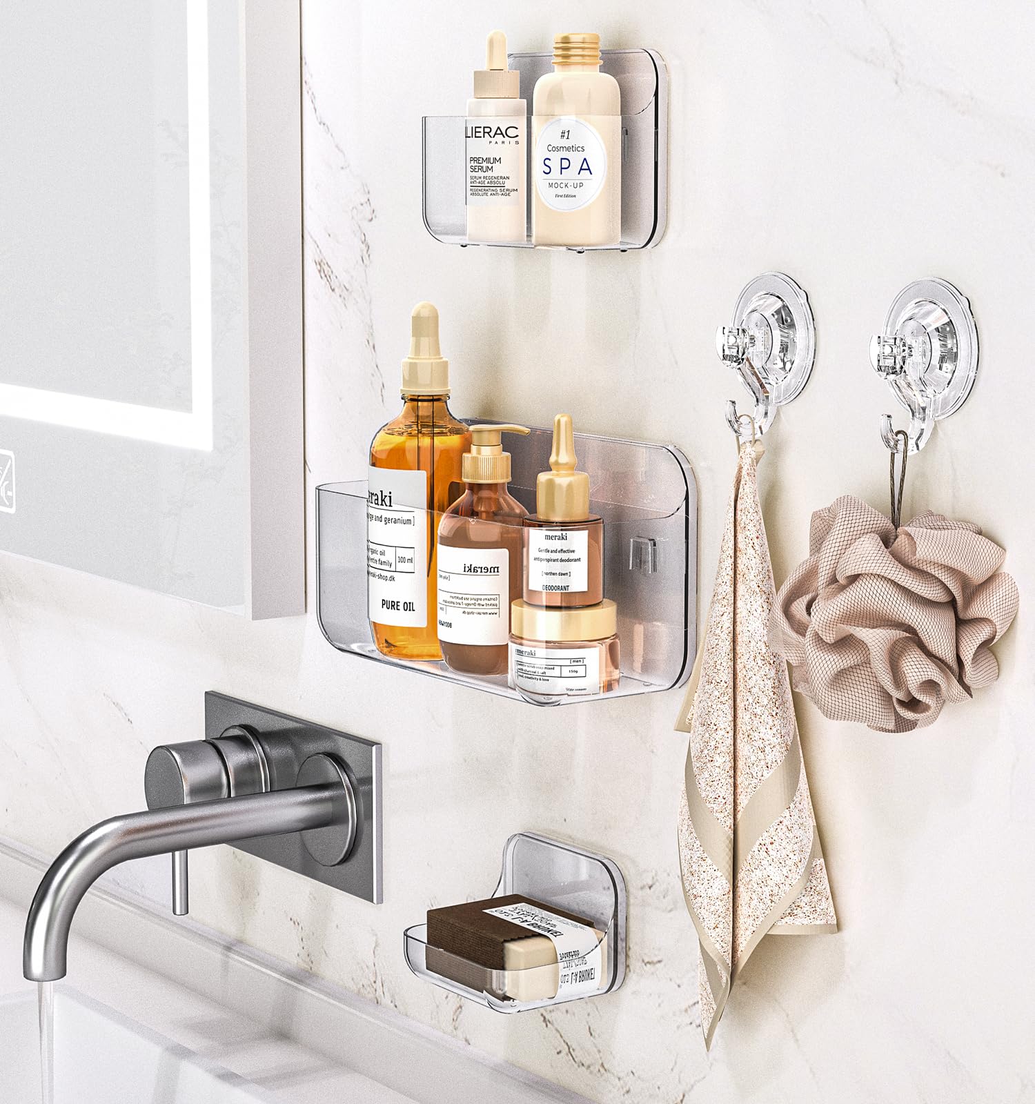 5-Pack Clear Acrylic Shower Shelves - No Drill Adhesive Bathroom Organizer with Soap Holder & Hooks | Wall Mount Storage for Shampoo, Razor & Bath Essentials | Perfect for Small Bathrooms & Apartment Showers