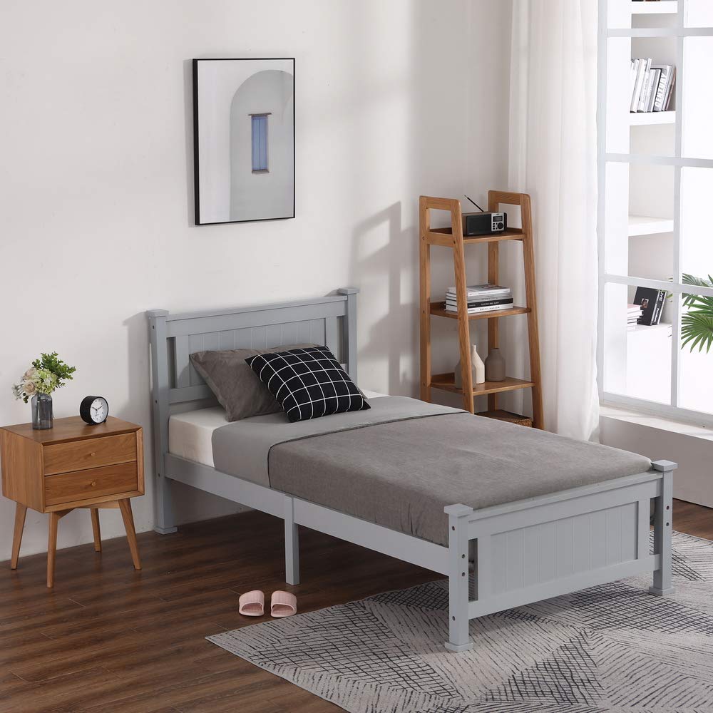 Bonnlo Twin Size Solid Wood Platform Bed Frame for Kids - Sturdy Single Bed with Headboard, No Box Spring Needed | Wood Slat Support Mattress Foundation in Gray | Perfect for Children's Bedrooms, Guest Rooms & Small Spaces