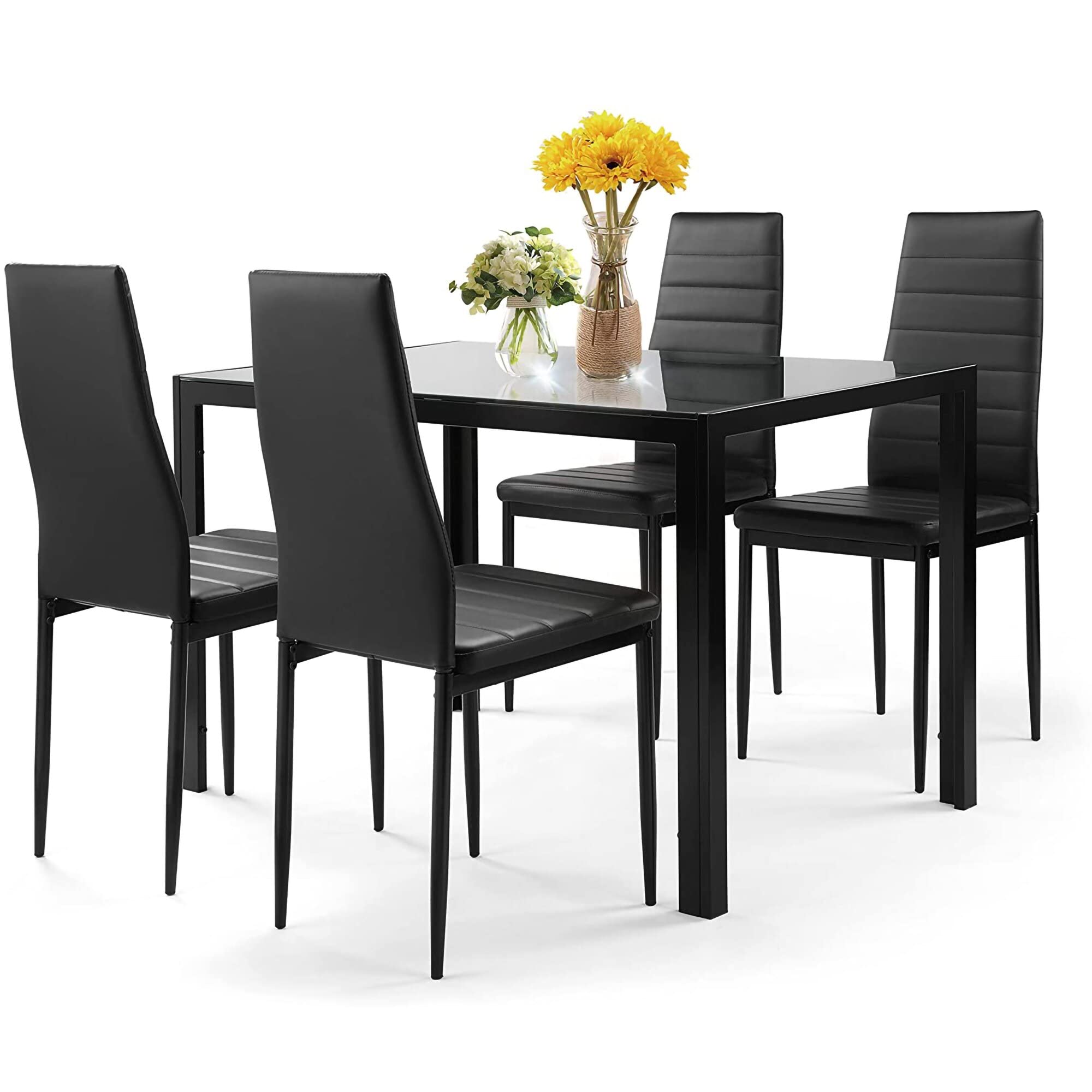 Modern 5-Piece Black Dining Table Set with Tempered Glass Top & 4 Faux Leather Chairs - Kitchen & Dining Room Furniture for Small Spaces | Perfect for Family Meals, Dinner Parties & Everyday Use