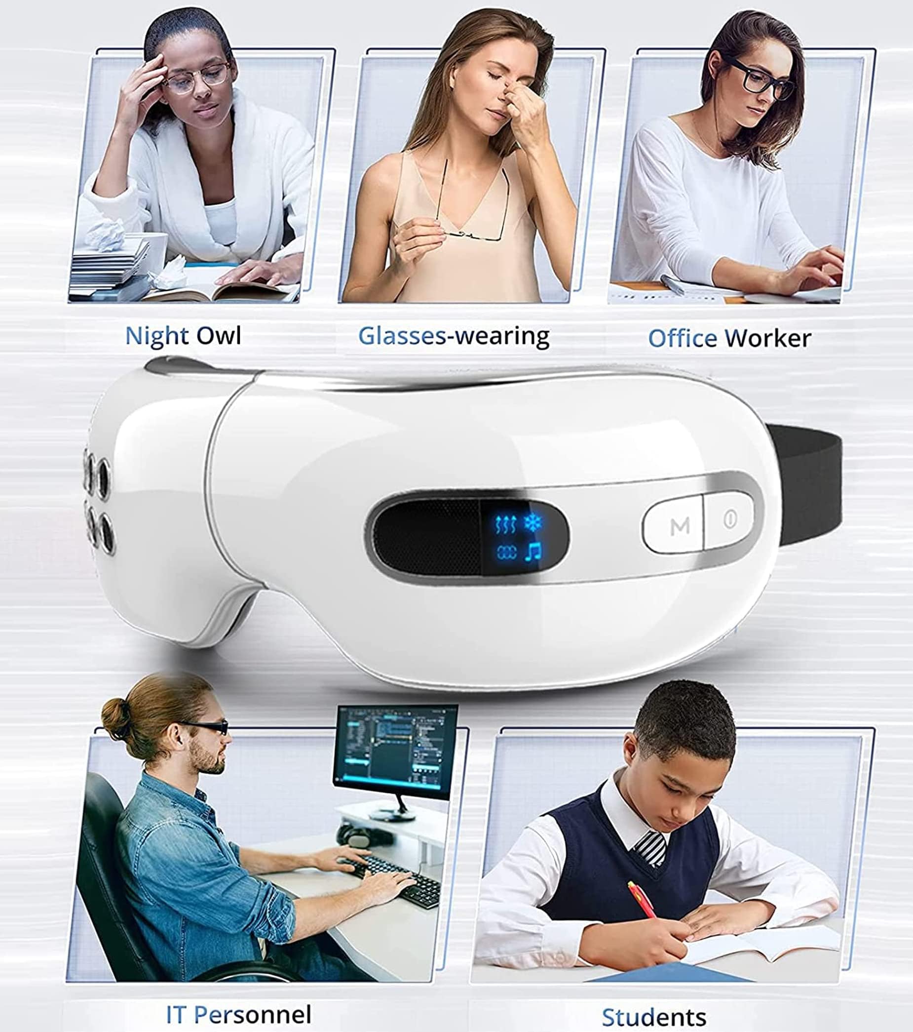 Heated & Cooling Eye Massager for Migraines, Eye Strain Relief, Dark Circles & Puffiness - Rechargeable Eye Mask for Dry Eyes & Better Sleep - Perfect Gift for Women & Men (White) - Use at Home, Office or Travel