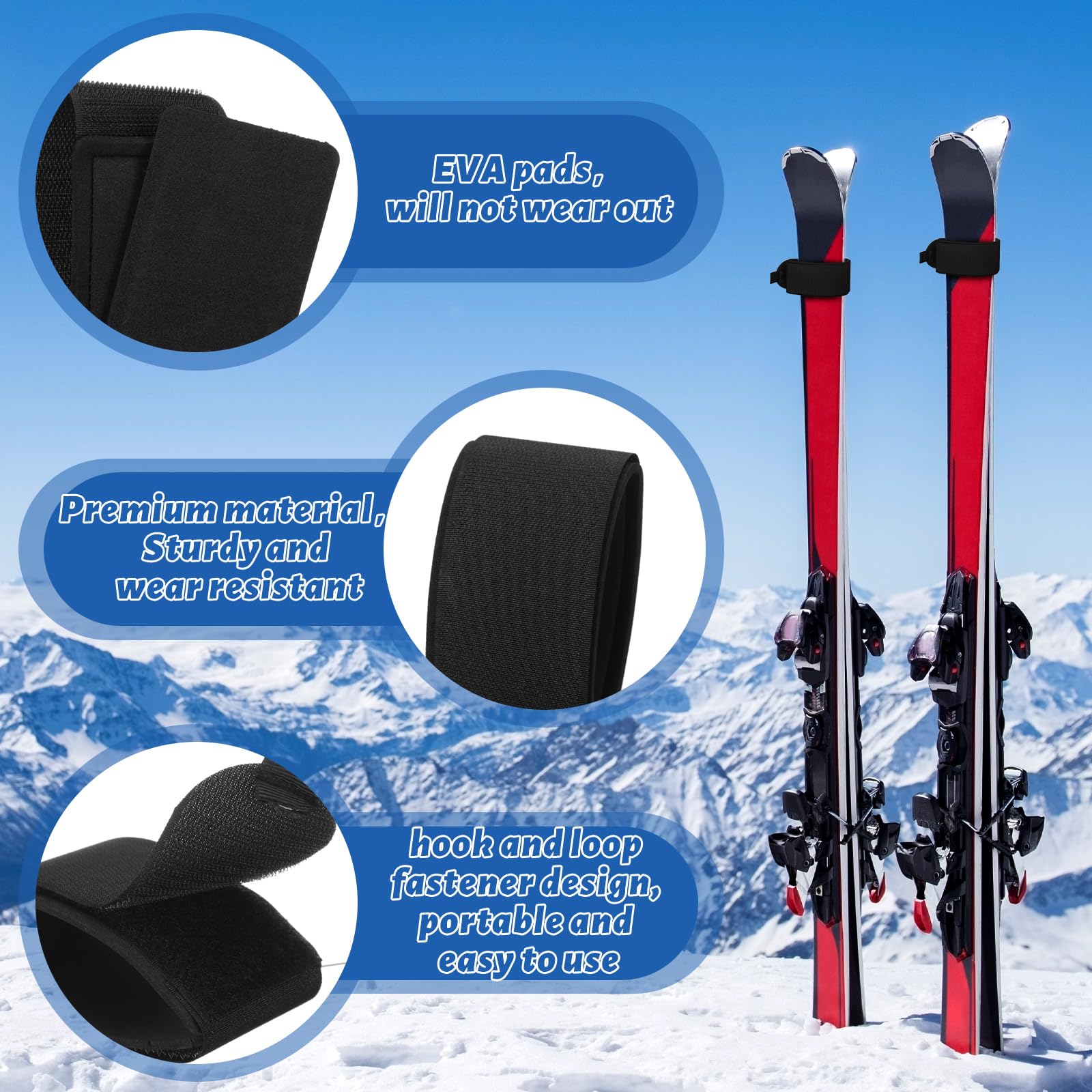 12 Pack Adjustable Ski Wraps - Winter Snow Sports Gear Accessories for Men & Women - Perfect for Securing Skis, Snowboards & Winter Equipment During Travel & Storage