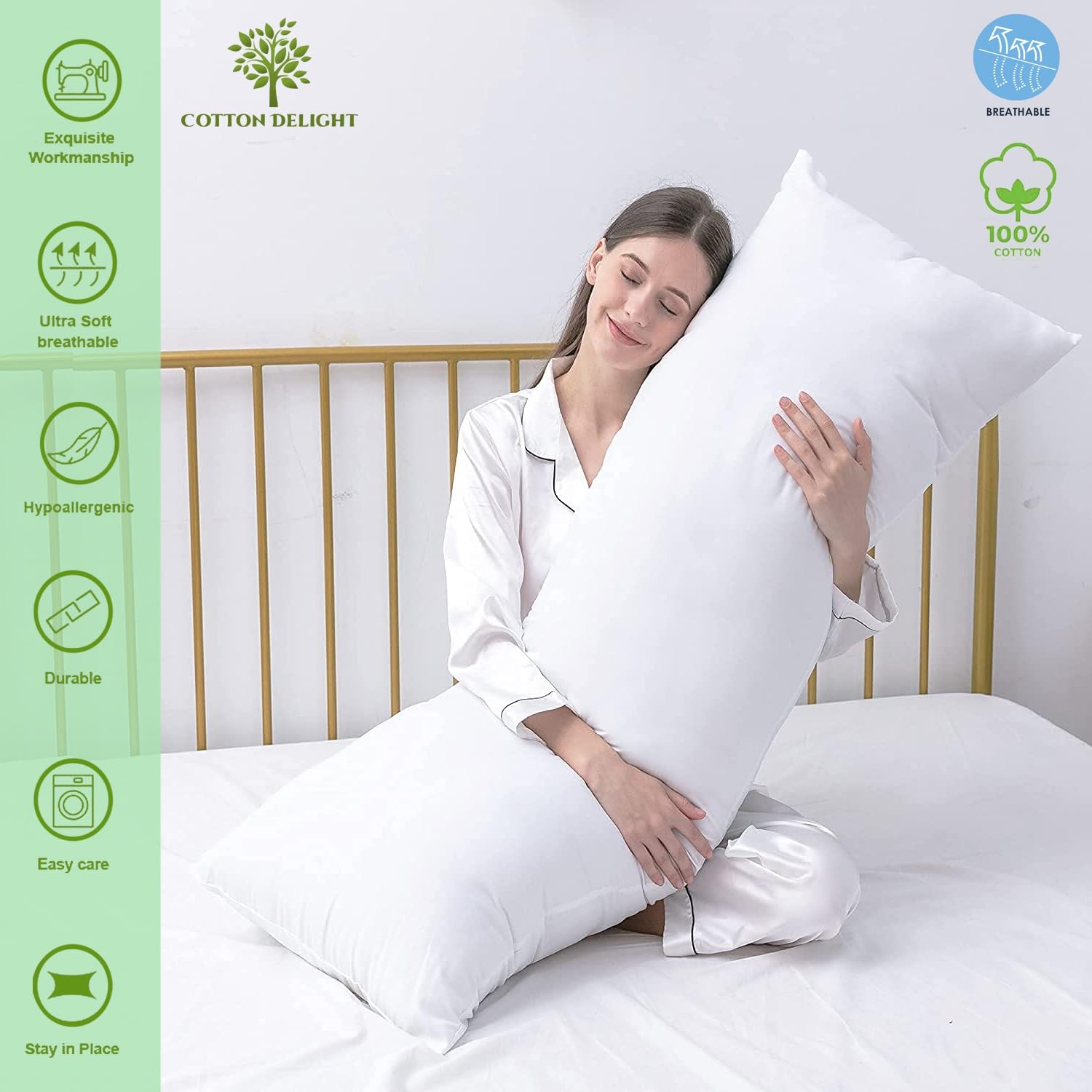 Premium 100% Natural Cotton Body Pillow Cover - 20x60 Inch, 600 Thread Count, Soft & Breathable with Zipper Closure - Perfect for Sleeping, Lounging & Pregnancy Support - White