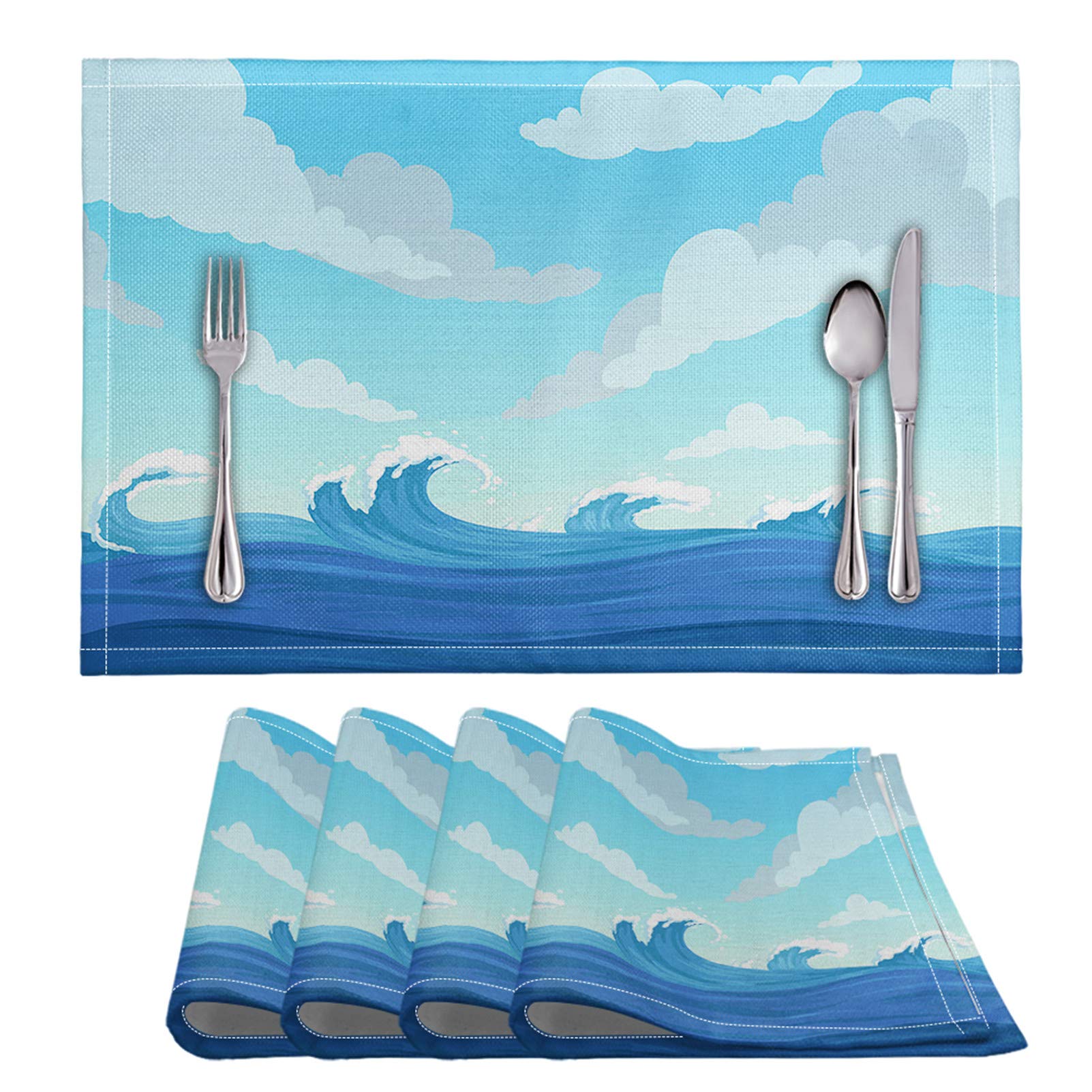 Premium Stain-Resistant Placemats Set of 4 - Durable Blue Wave Cloud Design Table Mats for Dining Room, Kitchen & Outdoor Use - Frestree Waterproof Tableware Protectors
