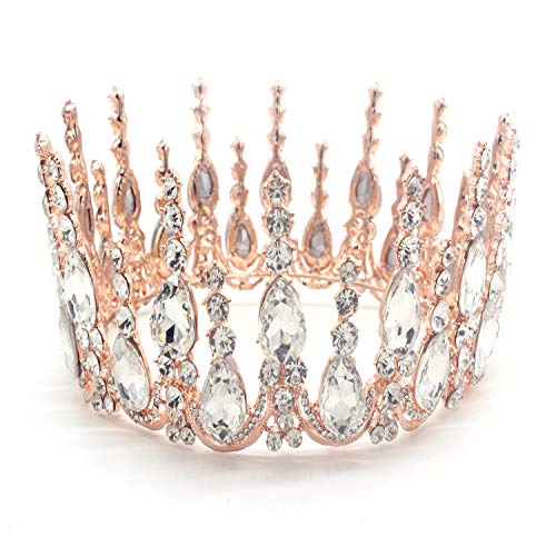 Rose Gold Wedding Crown & Tiara Set for Brides with Crystal Bobby Pins & Rhinestone Necklace – Elegant Bridal Accessories for Weddings, Prom, and Special Occasions (ROSE GOLD CLEAR)