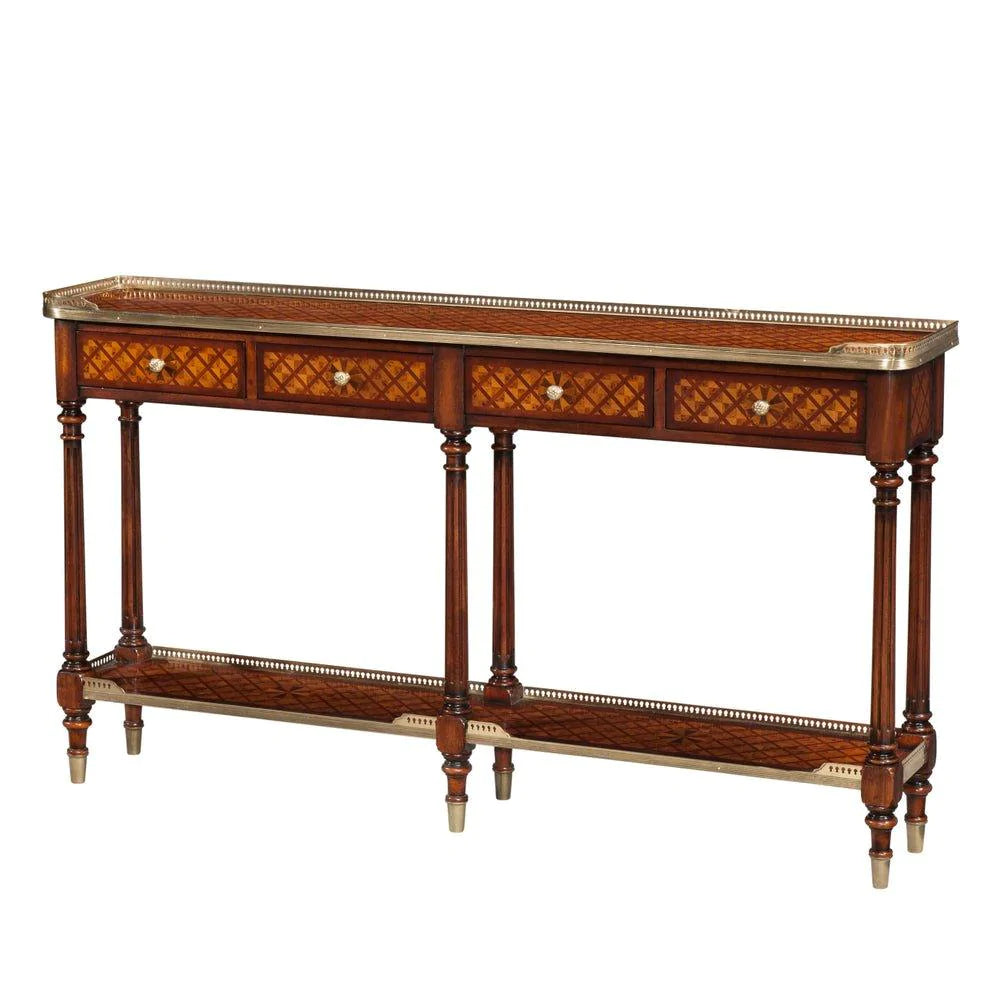 Elegant Burl Wood Lattice Parquetry Brass Mounted Console Table - Vintage Entryway Furniture for Hallway & Living Room Decor