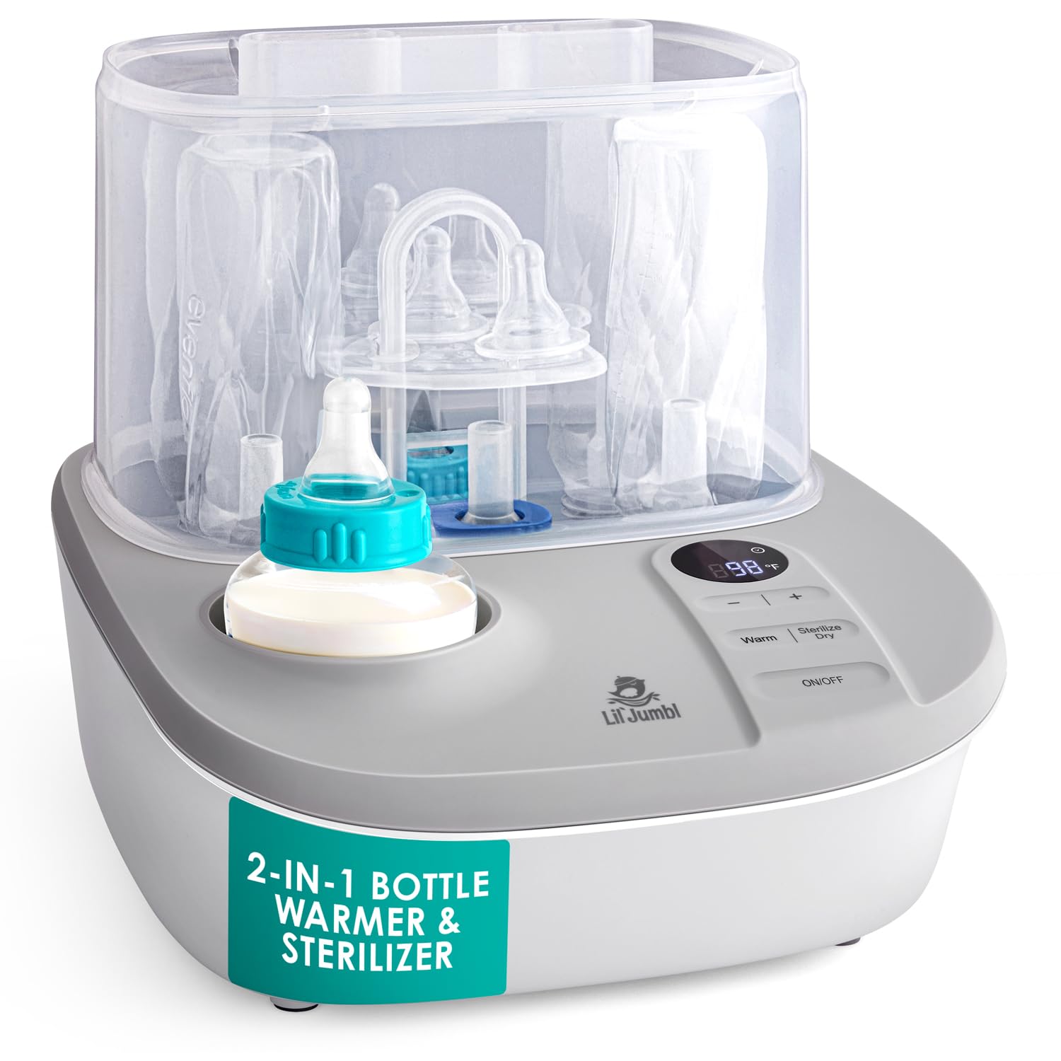 Lil' Jumbl 2-in-1 Baby Bottle Warmer & Sterilizer Dryer - Steam Sterilize, Dry, Warm & Defrost Milk/Formula - Adjustable Temperature & Timer with Auto Shut-Off - Perfect for Nursery, Travel & Breastfeeding Moms