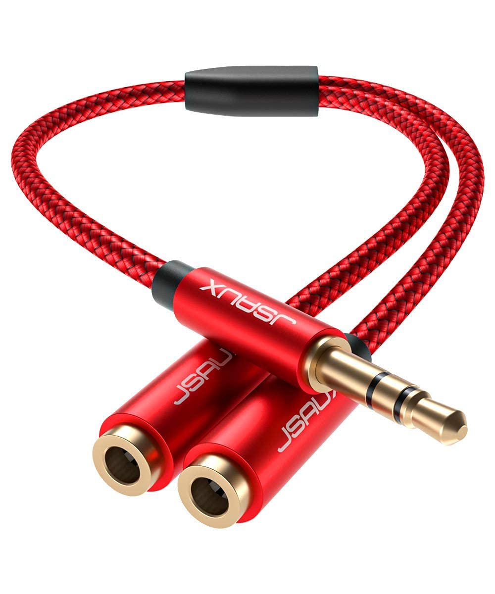 JSAUX 3.5mm Headphone Splitter - 2 Female to 1 Male Audio Adapter for Dual Listening - Compatible with PS4, PS5, Xbox, Nintendo Switch, PC, Phones & Tablets - Perfect for Gaming, Movies & Music Sharing (Red)