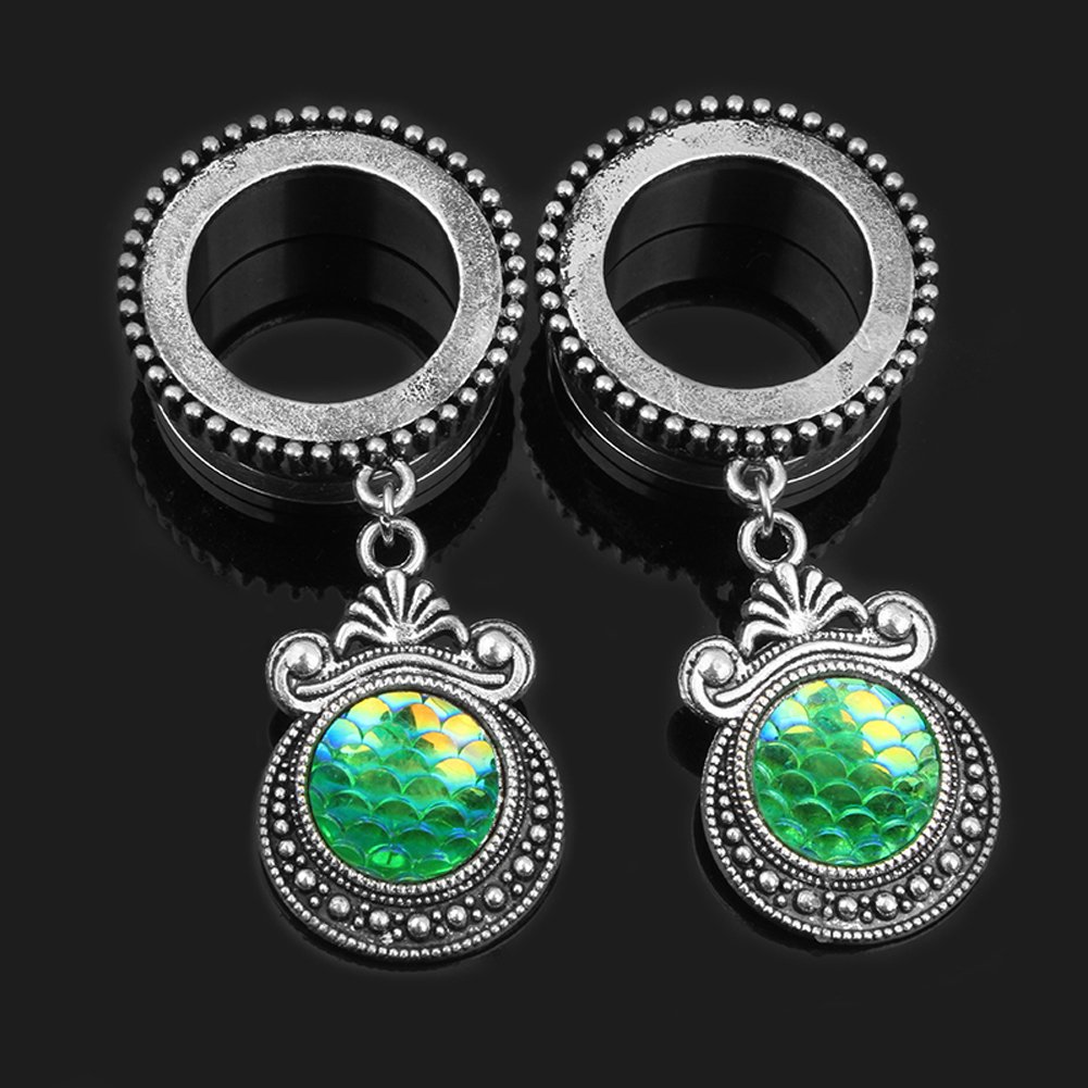 Green Fish Scale Dangle Ear Tunnels - Stretcher Plugs for Body Piercing Jewelry - Perfect for Punk, Gothic & Boho Fashion Styles