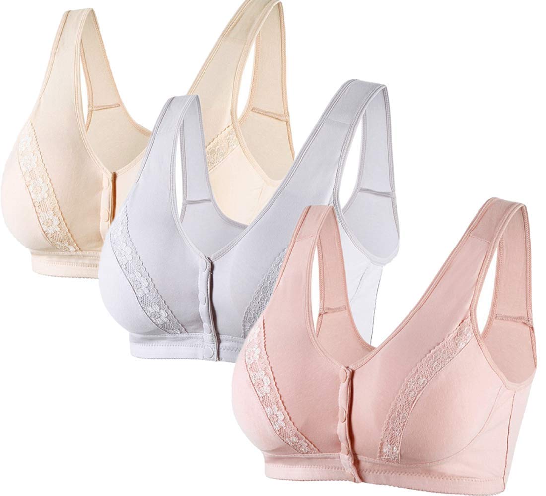 MAXMALLS Women's Cotton Soft Cup Front Closure Bra - Everyday Comfort Wireless Bralette, 3-Pack for Sleep, Lounge & Yoga