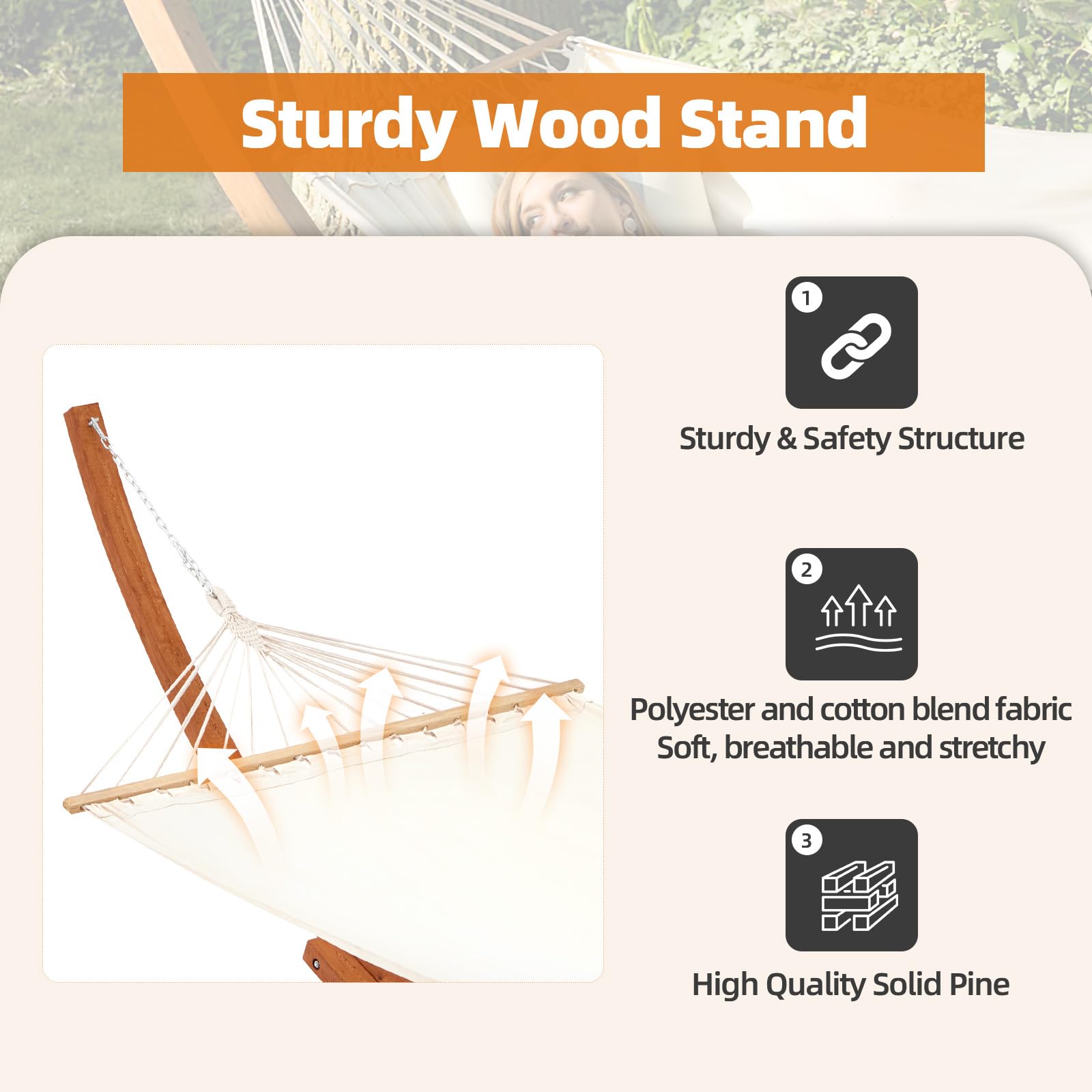 ECOTOUGE 13.3 FT Wooden Double Hammock with Stand - Heavy Duty 2 Person Hammock for Outdoor, Patio & Backyard - Easy to Assemble, Weatherproof & Premium Quilted Camping Hammock (White) - Perfect for Relaxing, Lounging & Camping Trips