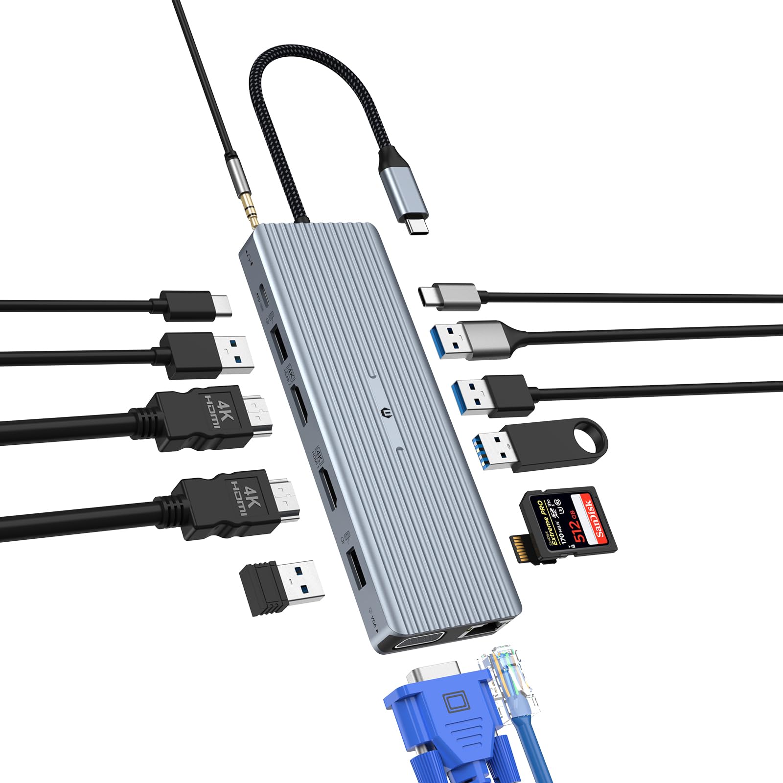 14-in-1 USB C Docking Station with 4K HDMI, PD & Ethernet for Laptop & Office